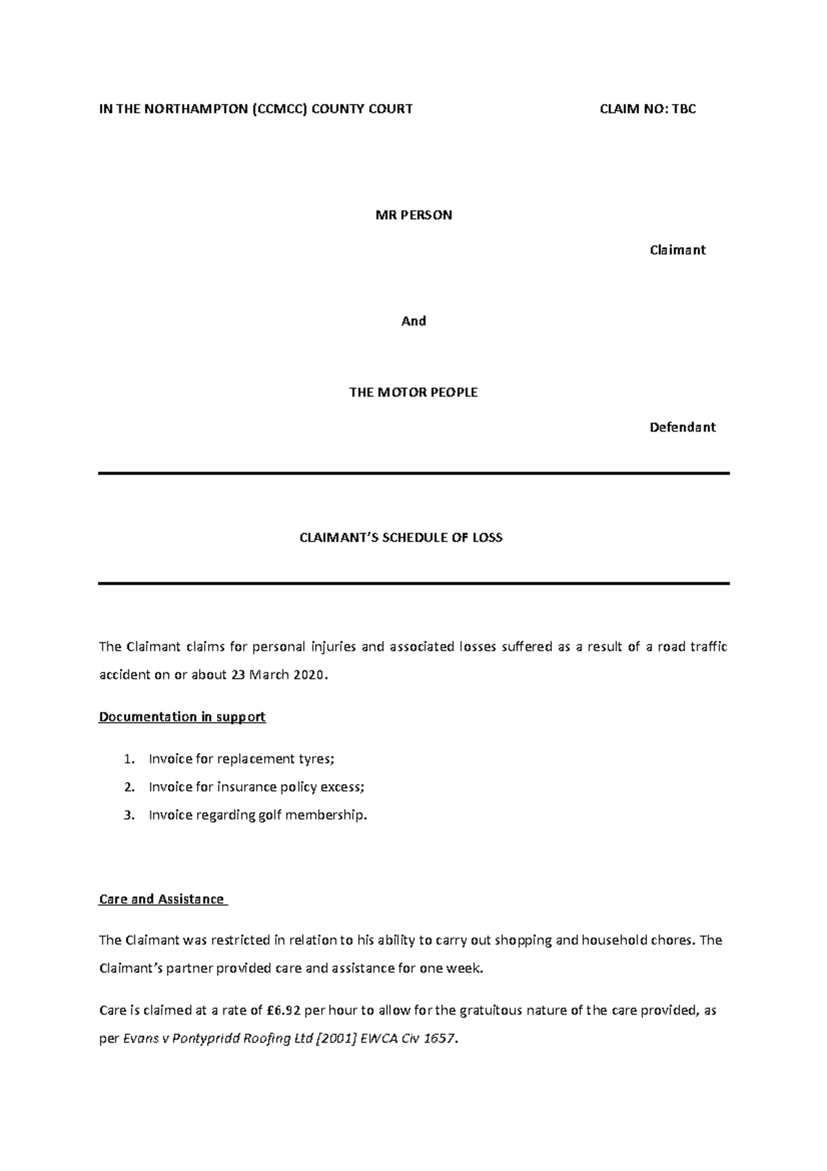 Schedule of Loss road traffic accident - IN THE NORTHAMPTON (CCMCC ...