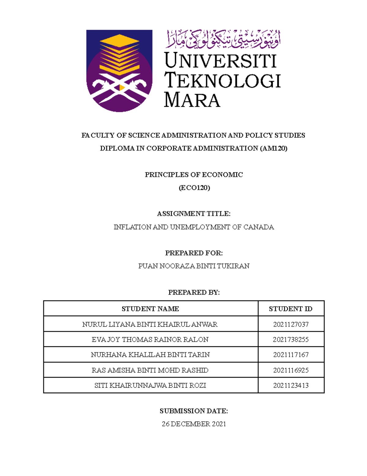 ECO120 Written Report - FACULTY OF SCIENCE ADMINISTRATION AND POLICY ...