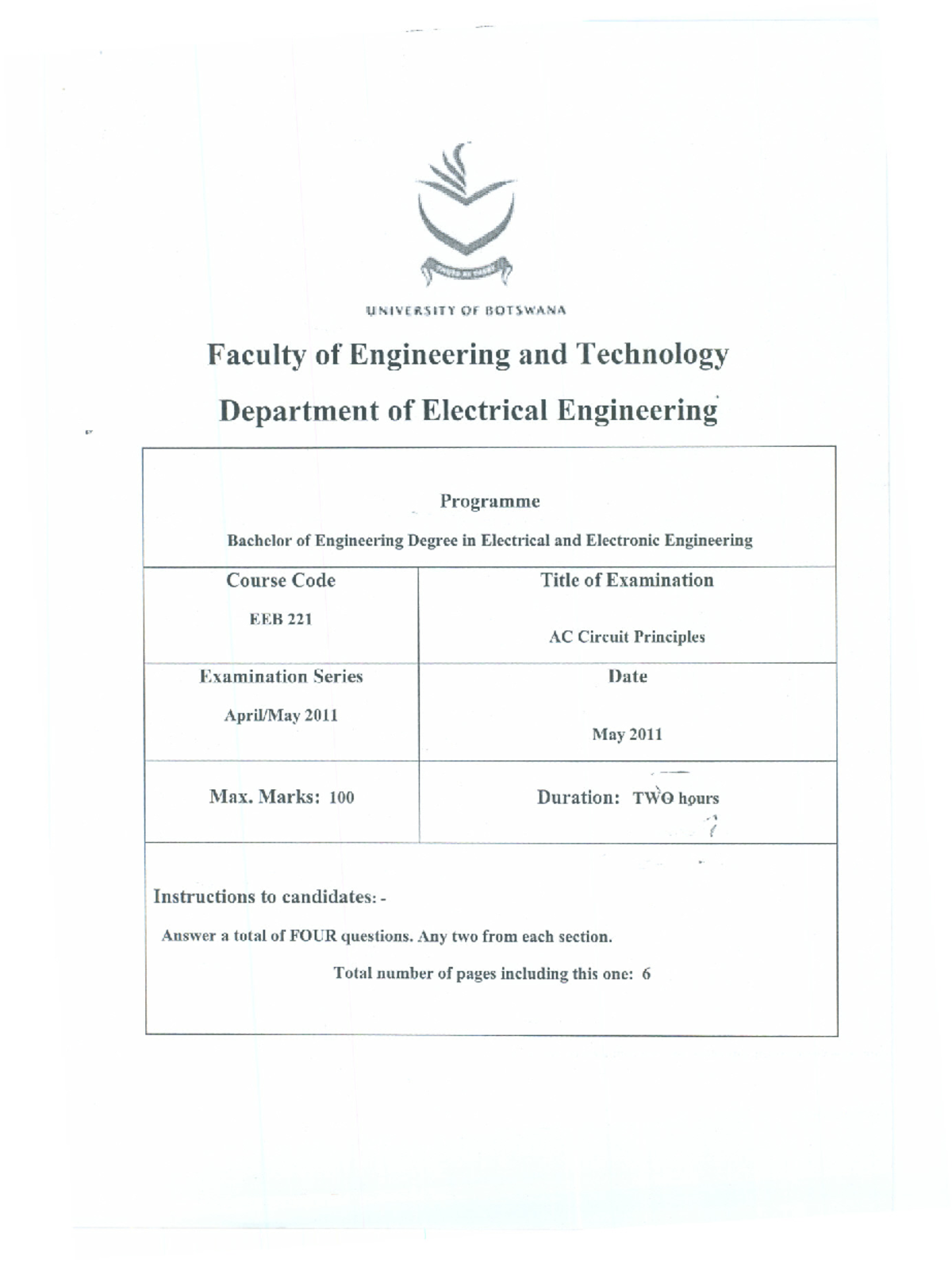 EEB221 Examination 2011 - Electrical engineering - UB - Studocu