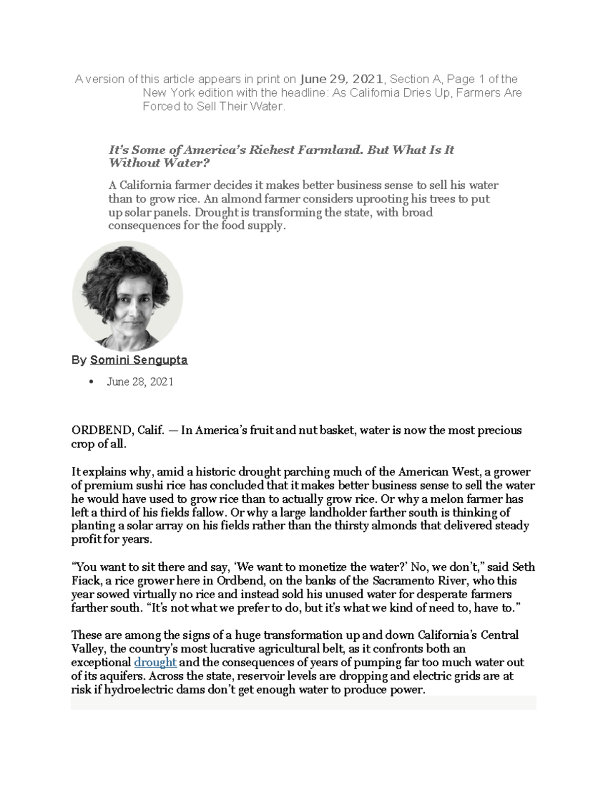 Water Article NYTimes June 2021 - A version of this article appears in print on June 29, 2021 ...