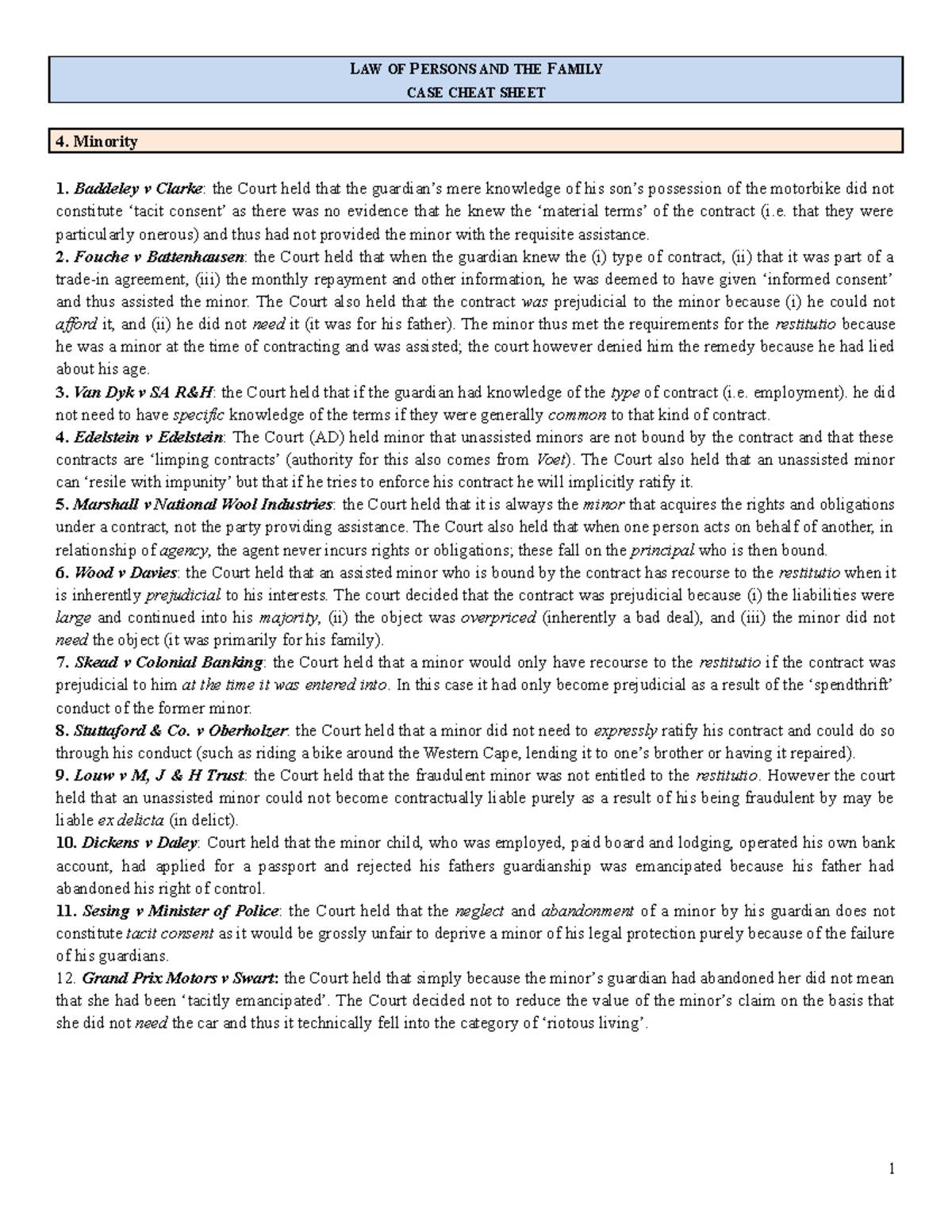 Case Cheat Sheet LPF NOTES LAW OF PERSONS AND THE FAMILY CASE CHEAT