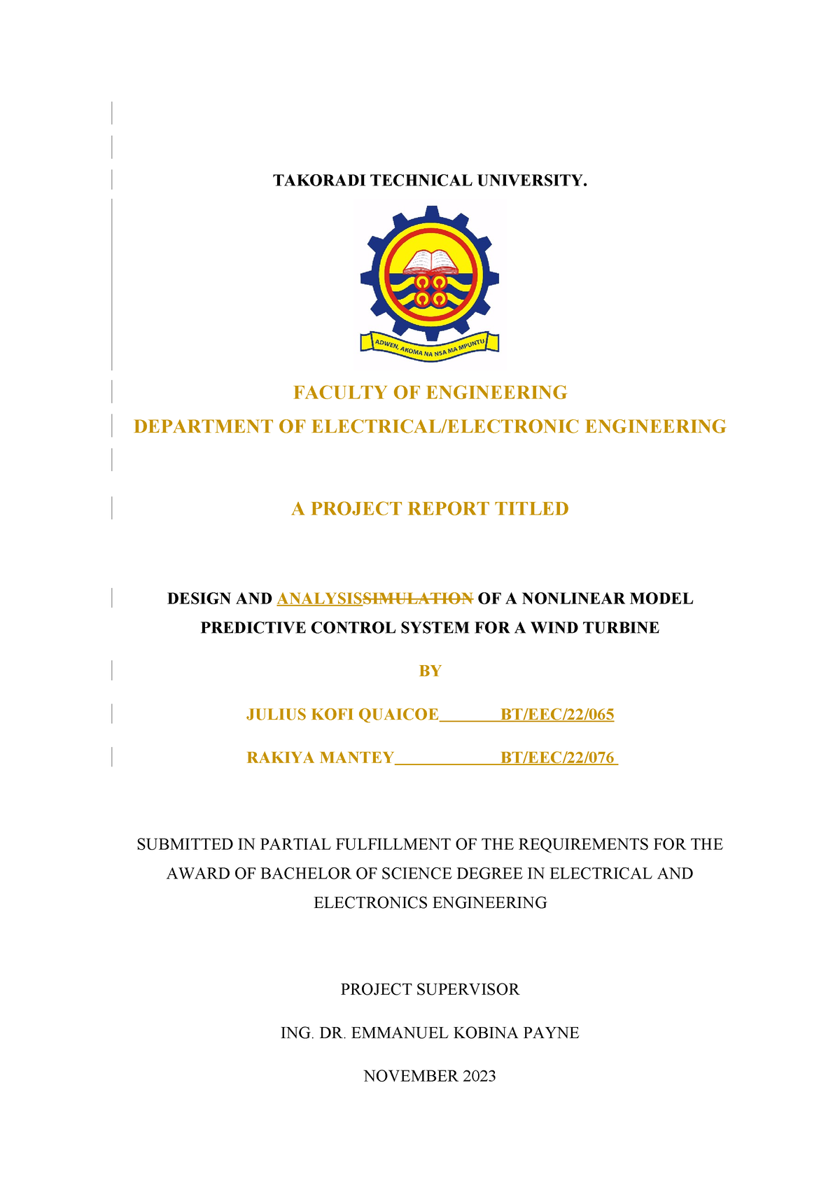 Project Report Rev C - TAKORADI TECHNICAL UNIVERSITY. FACULTY OF ...