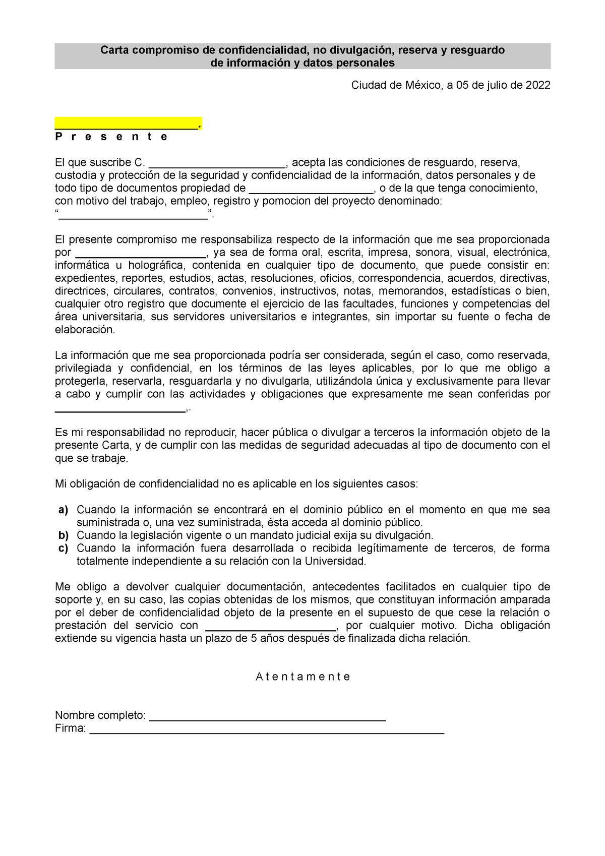 Carta Cofidencialidad Carta Compromiso De Confidencialidad No