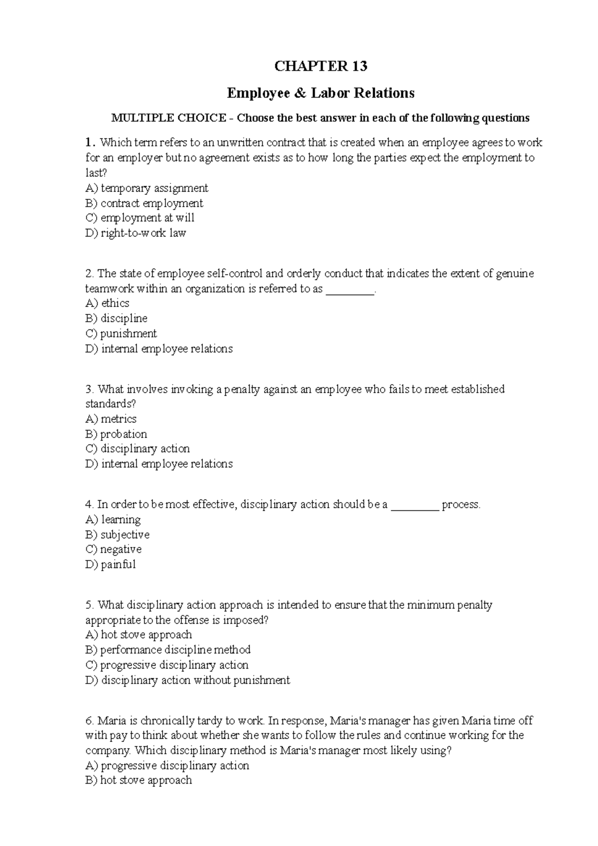 Chapter 13 - CHAPTER 13 Employee & Labor Relations MULTIPLE CHOICE ...