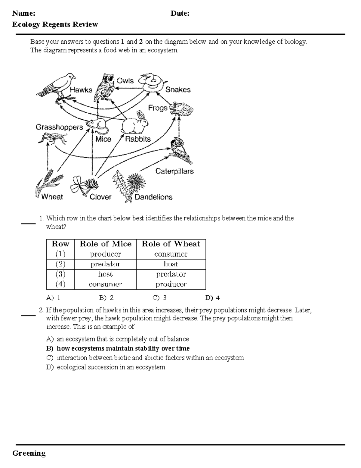 Ecology regents review tc - Name: Date: Ecology Regents Review Base ...