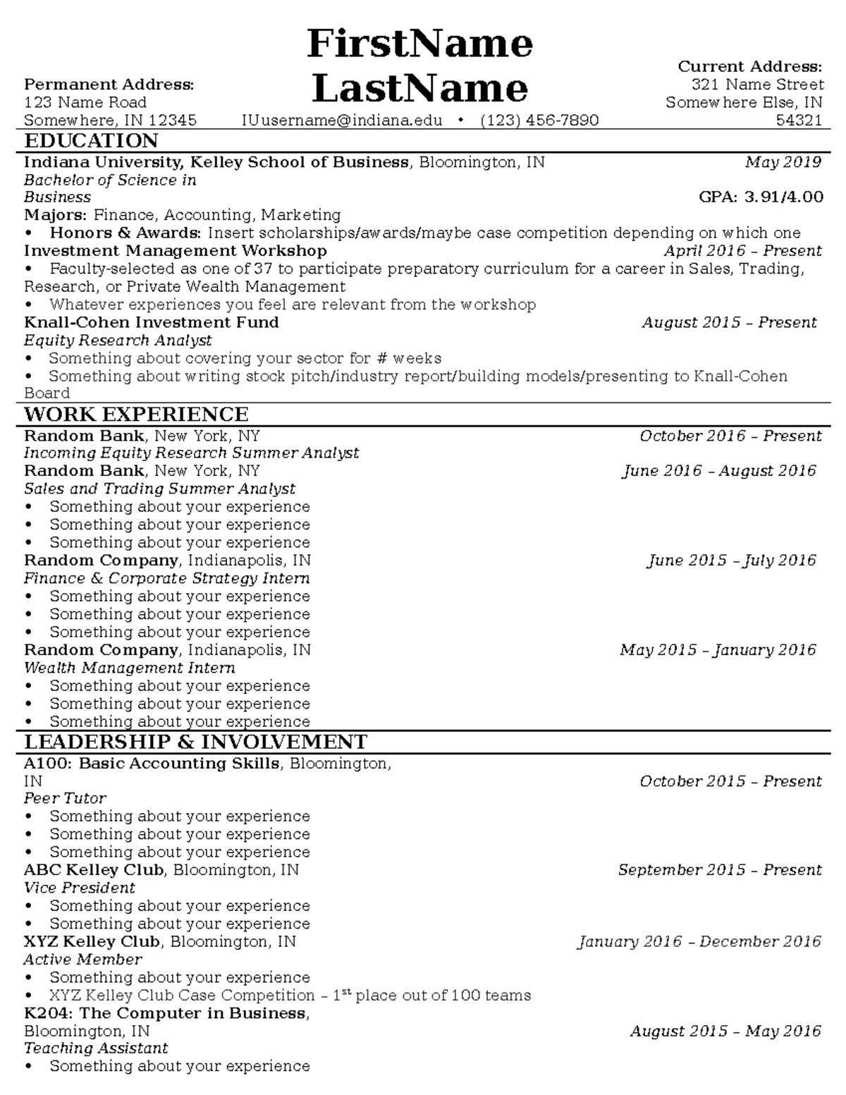 F100 Resume Template - Permanent Address: 123 Name Road Somewhere, IN ...