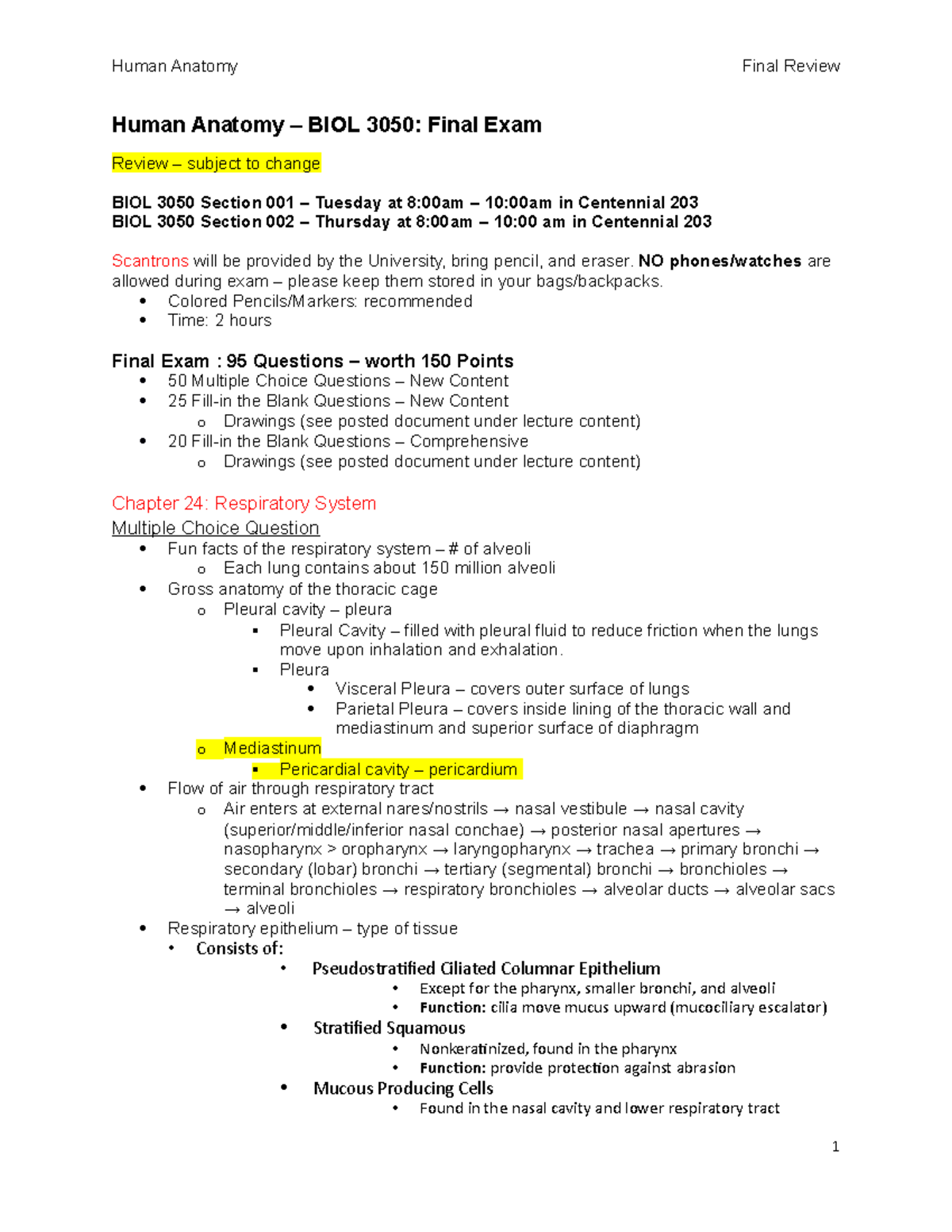 Human Anatomy Final Review Study Sheet - Human Anatomy – BIOL 3050 ...