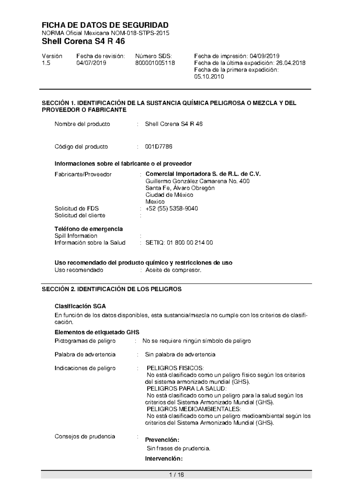 Aceite Corena S4 R 46 Corena MSDS - NORMA Oficial Mexicana NOM- 018 ...