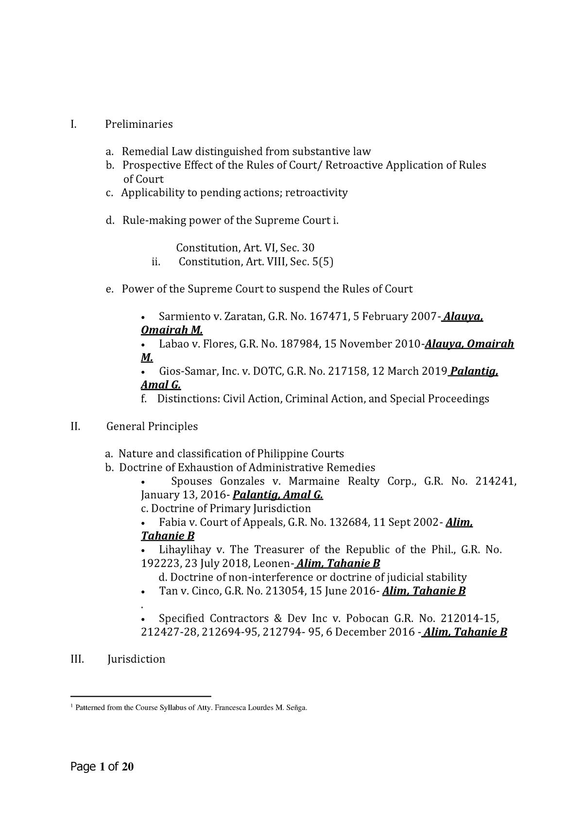 Civ Pro-Case assignations(Midterm Coverage) - I. Preliminaries a ...