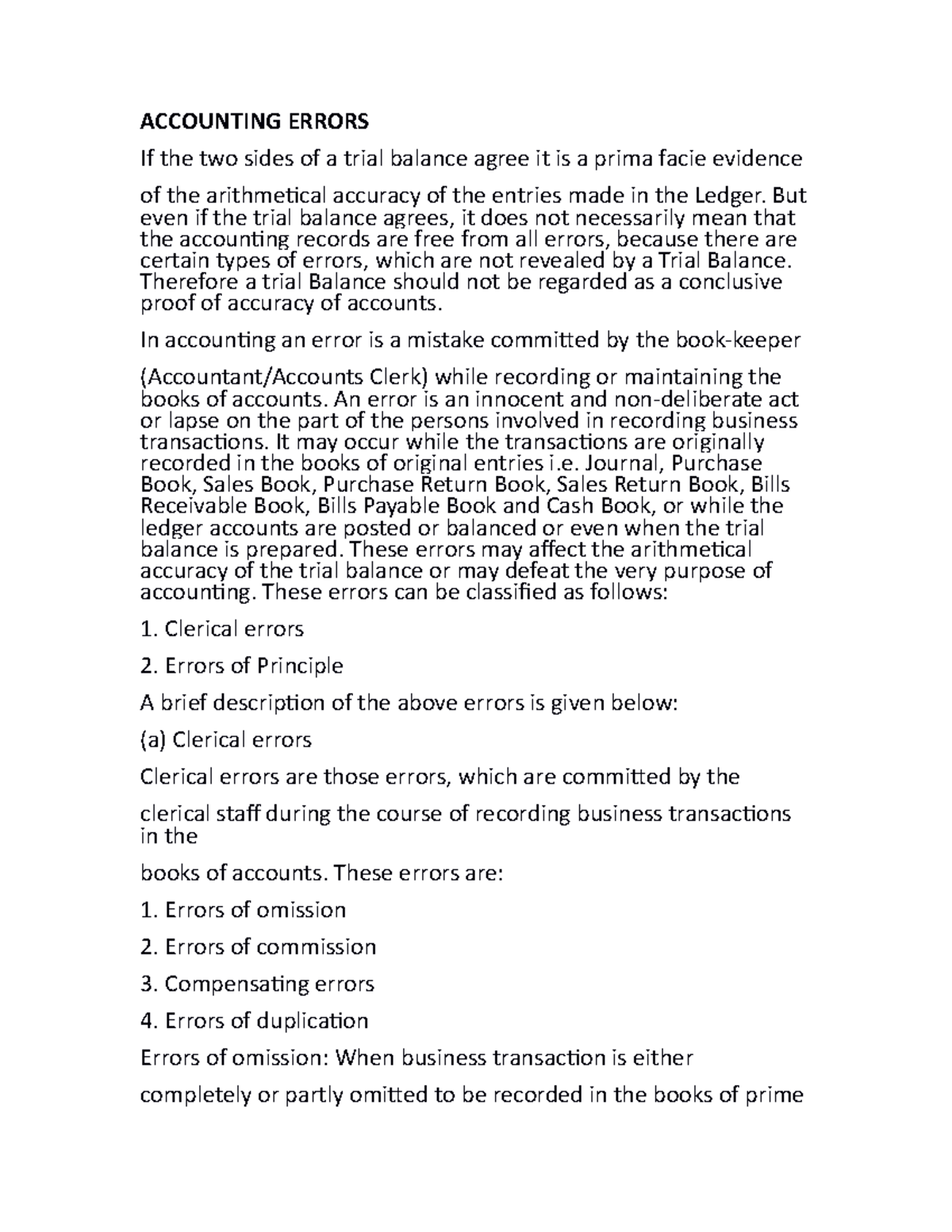 Accounting Errors notes - ACCOUNTING ERRORS If the two sides of a trial ...