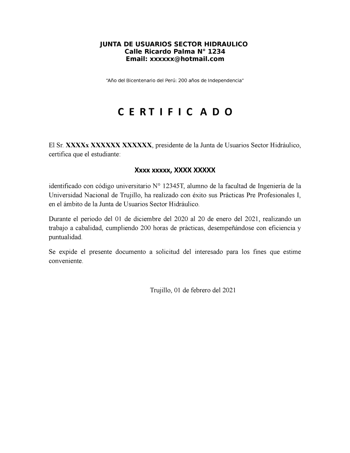 Modelo certificado practicas profesionales - JUNTA DE USUARIOS SECTOR ...