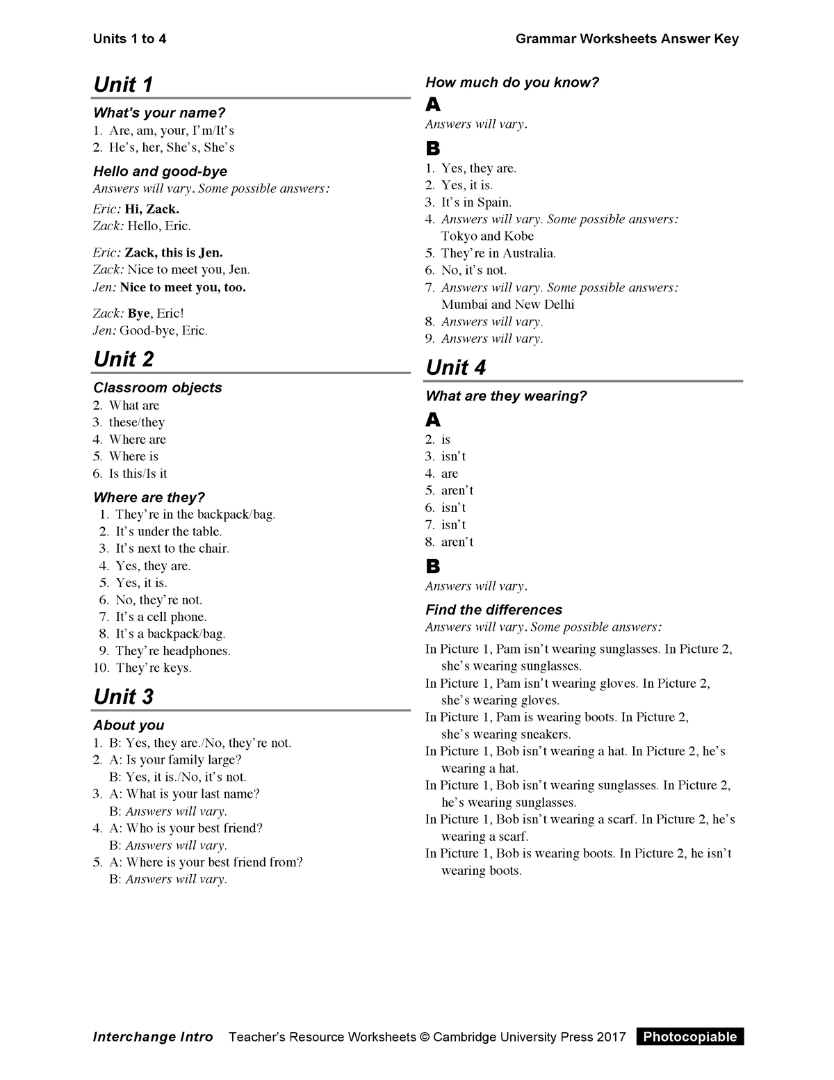 Interchange 5th Ed Intro Level Grammar Worksheets Answer Key Unit 1 What s Your Name Are Am