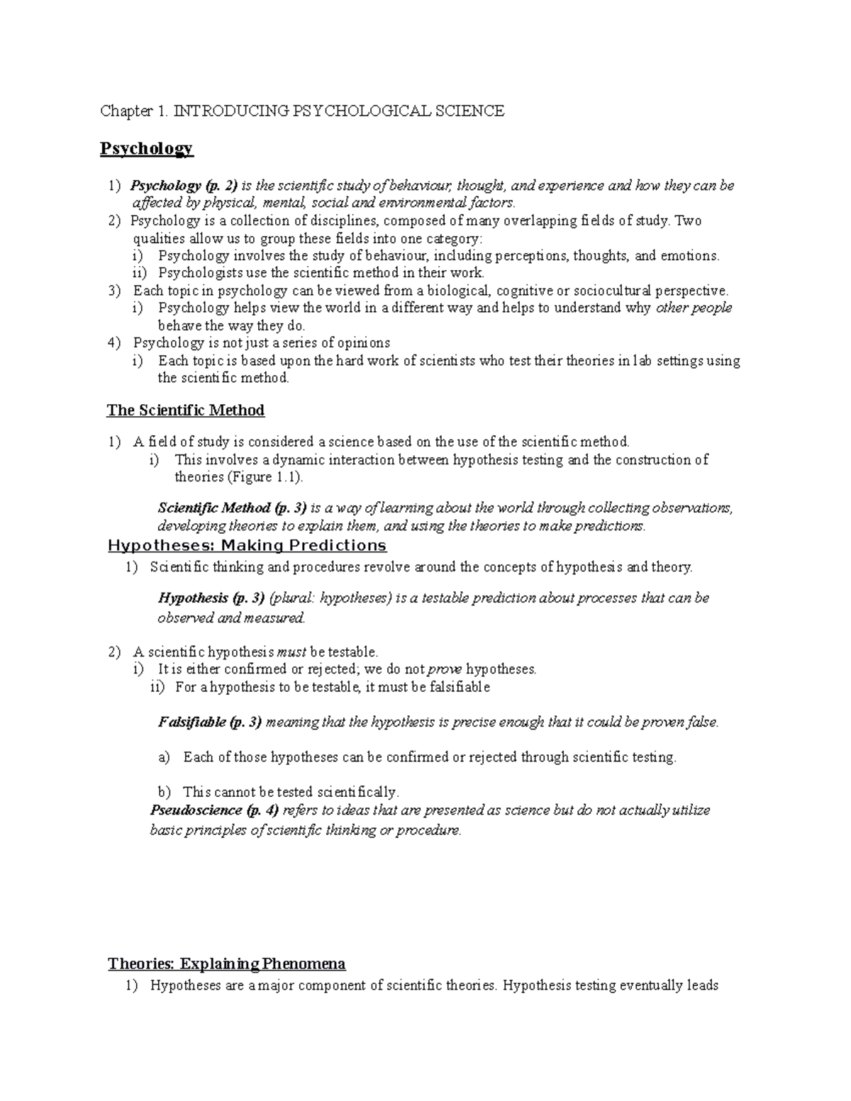 Psychology Notes Chapter 1 And 2 - Chapter 1. INTRODUCING PSYCHOLOGICAL ...