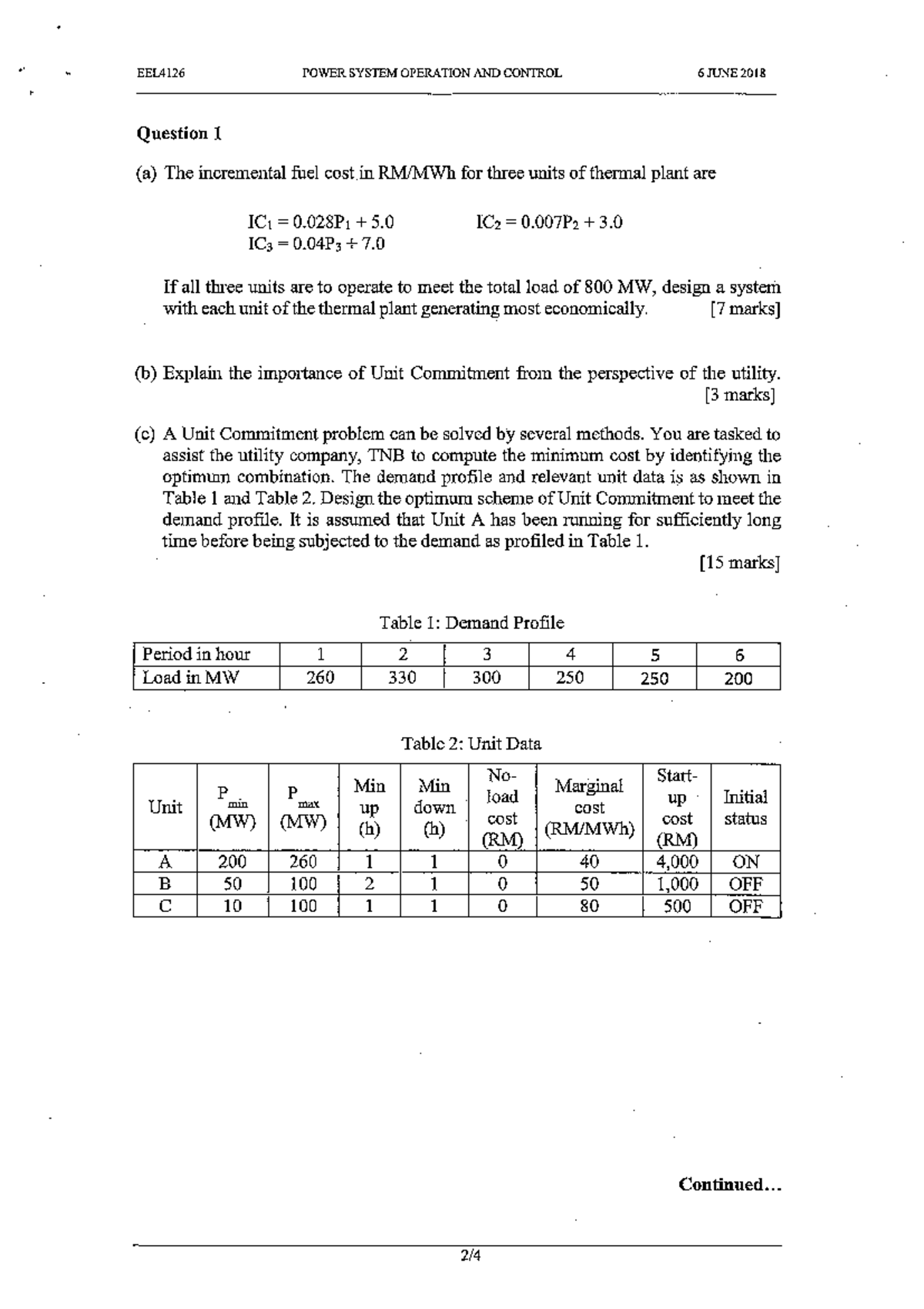 Exam Exam Exam 6 June 2018, questions - BEL/4126 POWER SYSTEM OPERATION ...