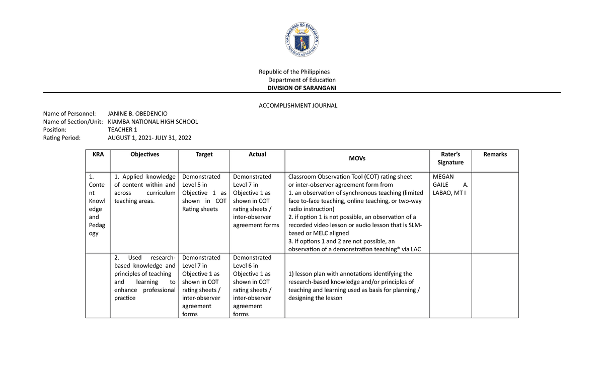 Accomplishment- Journal - Republic of the Philippines Department of ...