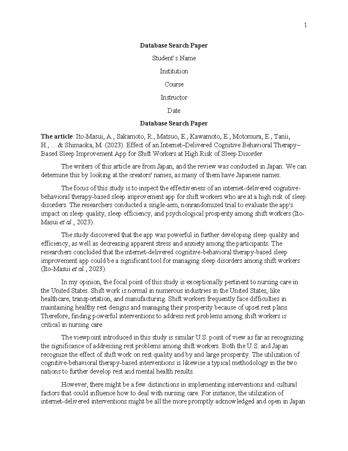 Database Search Paper - good - 1 Database Search Paper Student’s Name ...