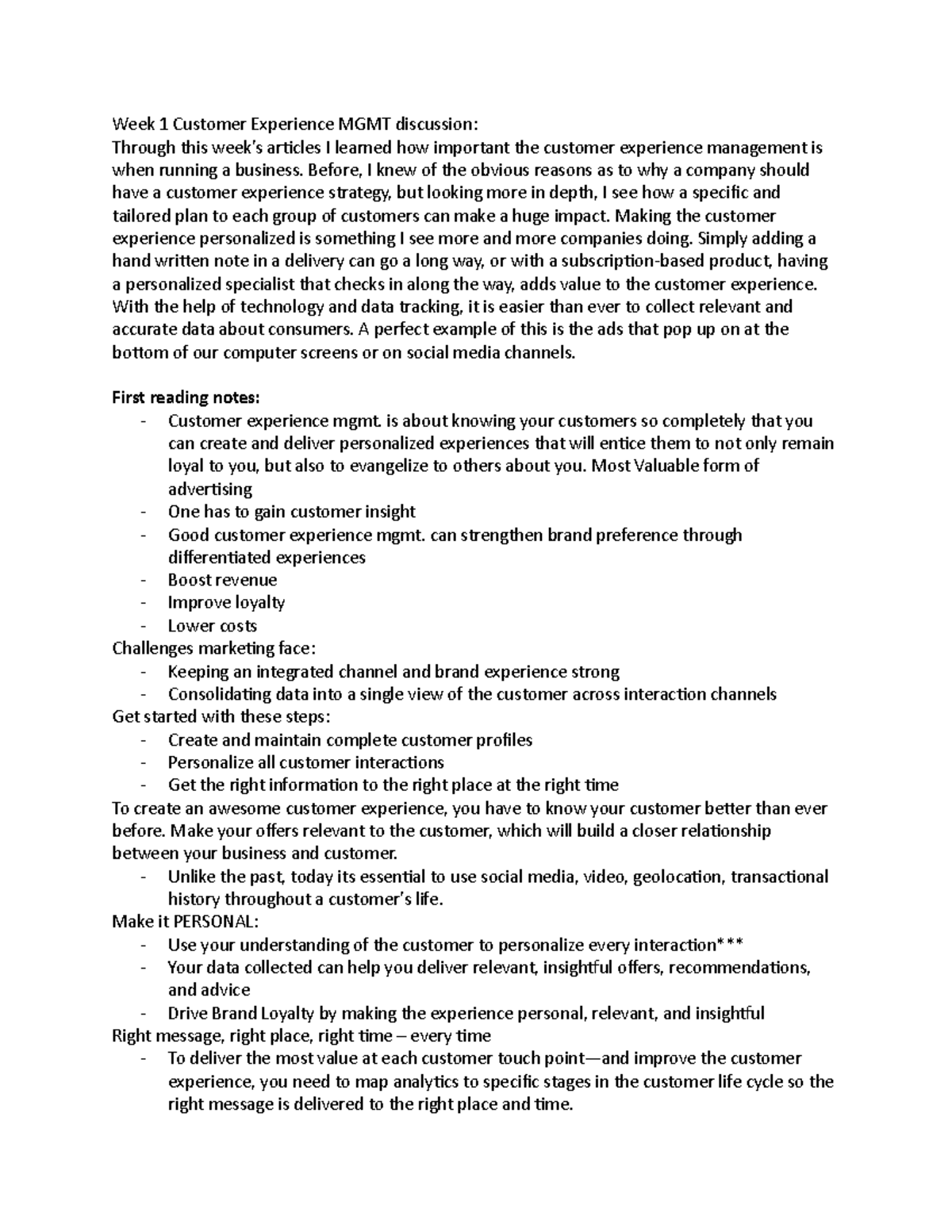 Week 1 Customer Experience MGMT discussion - Week 1 Customer Experience ...