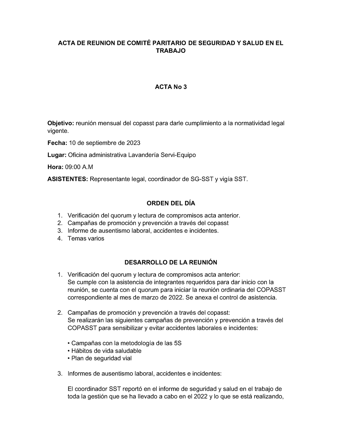 ACTA DE Reunion DE Comité Paritario DE Seguridad Y Salud EN EL Trabajo ...