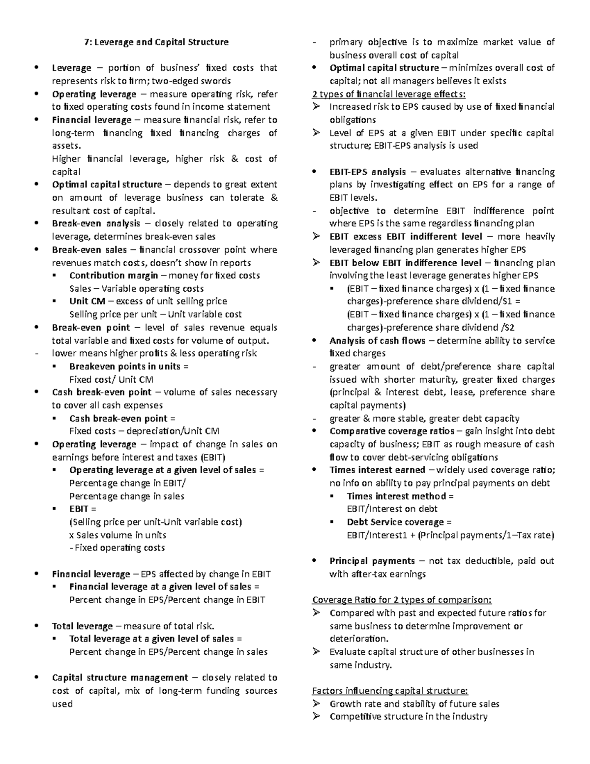 Chap 7 - Summary of chap 7 - 7: Leverage and Capital Structure Leverage ...