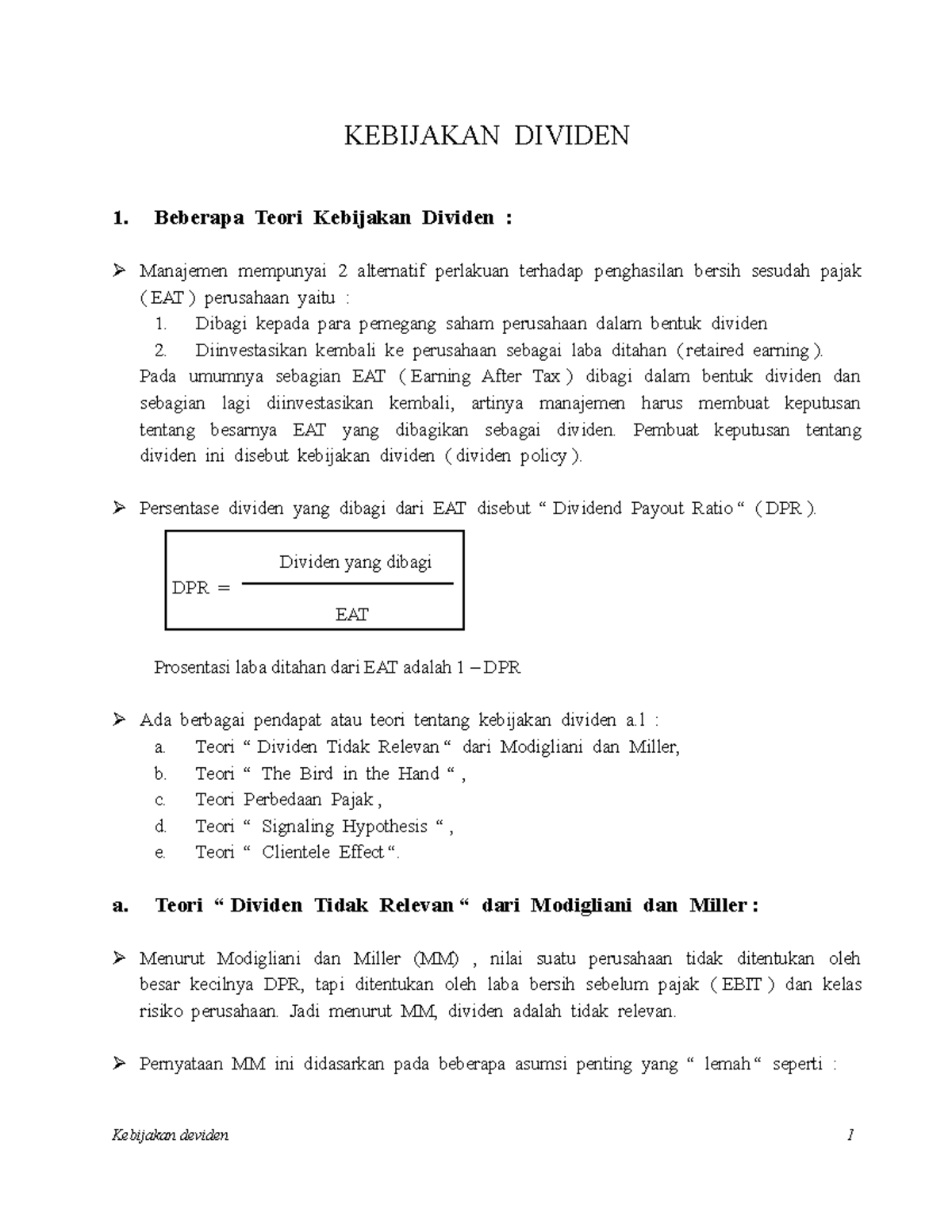 Kebijakan Dividen - KEBIJAKAN DIVIDEN 1. Beberapa Teori Kebijakan ...