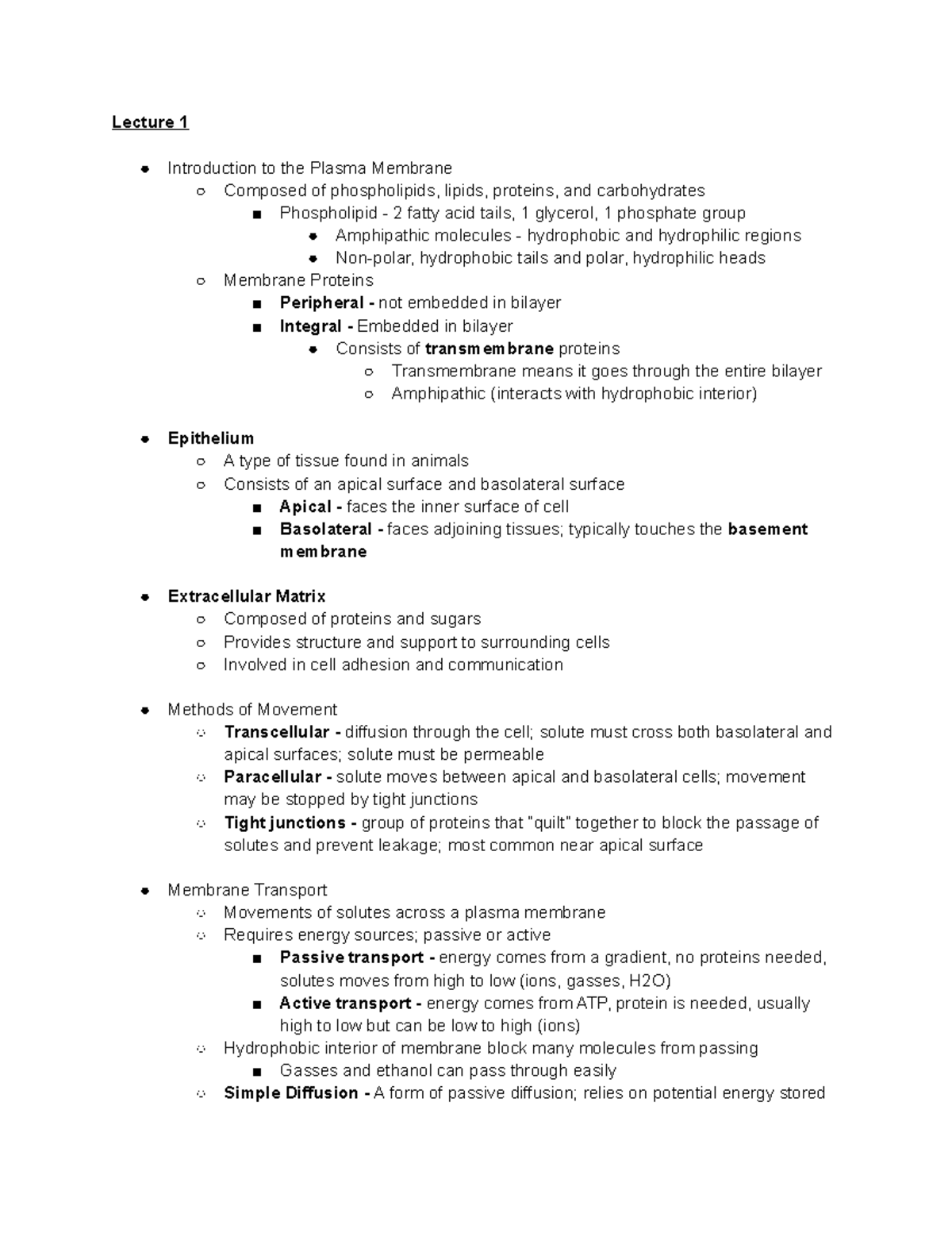 Quiz 1 Overview Notes - Lecture 1 Introduction to the Plasma Membrane ...