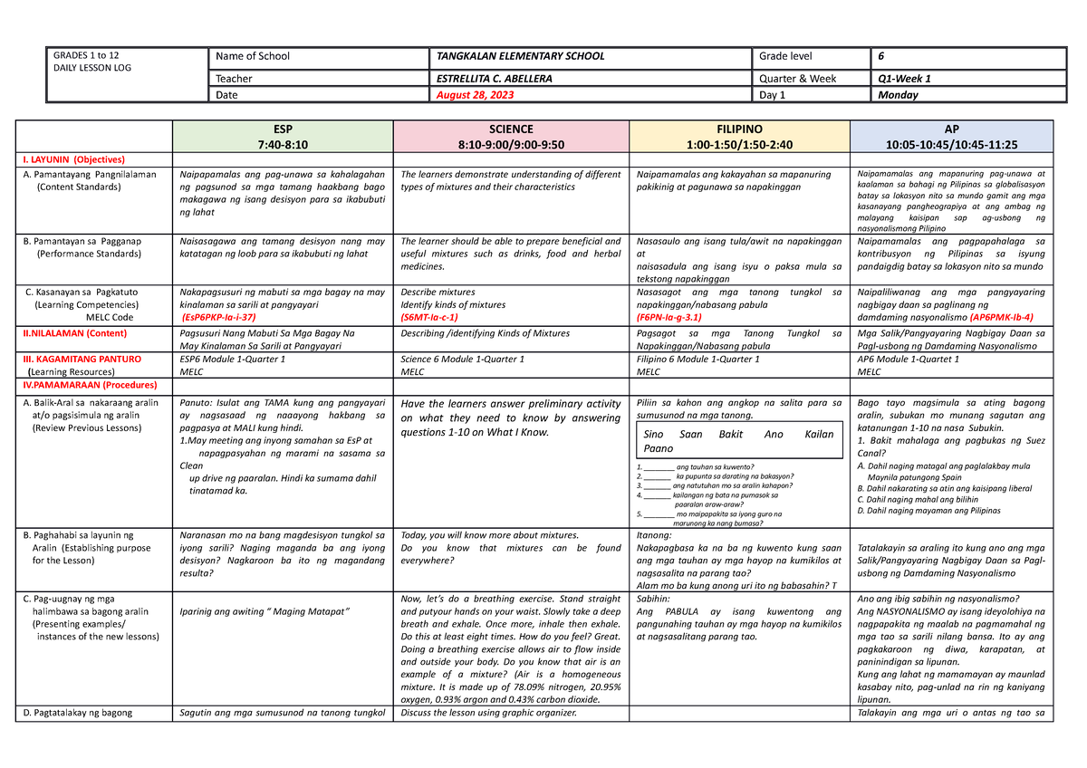 Q1 Wk1 Day 1 - Dlp Grade 6 - GRADES 1 To 12 DAILY LESSON LOG Name Of ...