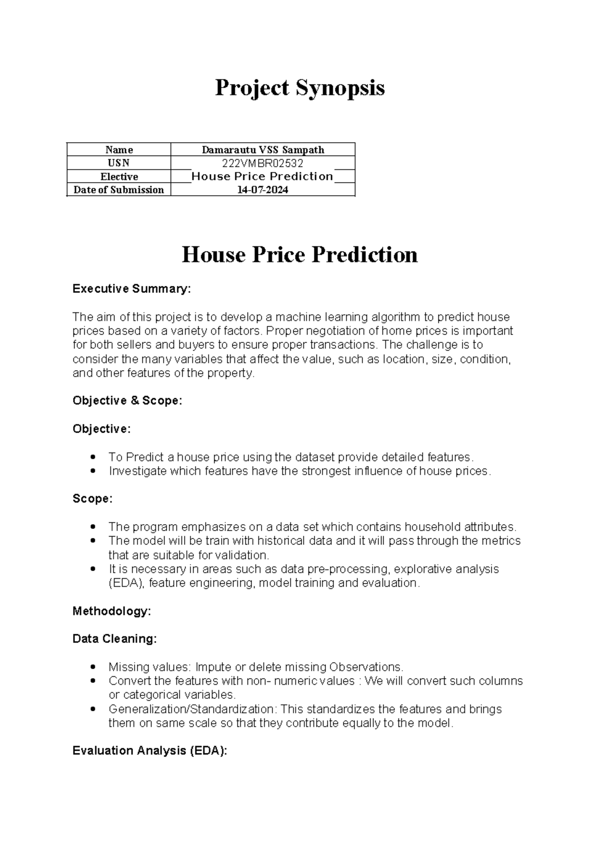 Synopsis - Project Synopsis House Price Prediction Executive Summary ...