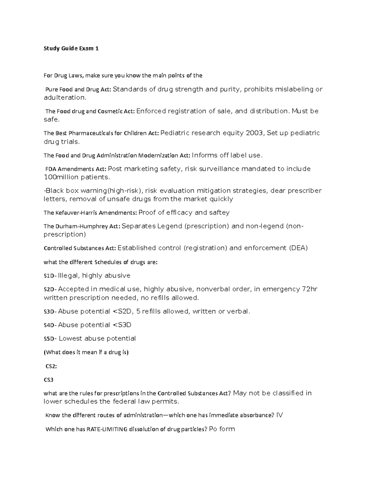 Study Guide Exam 1-1-2 - Study Guide Exam 1 For Drug Laws, make sure ...