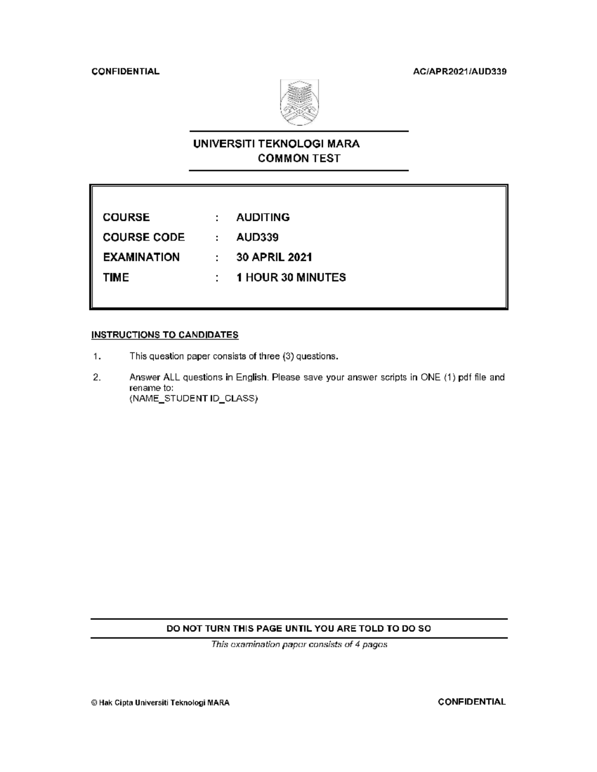 COMMON TEST QUESTION AUD339 APR2021 - Auditing - Studocu