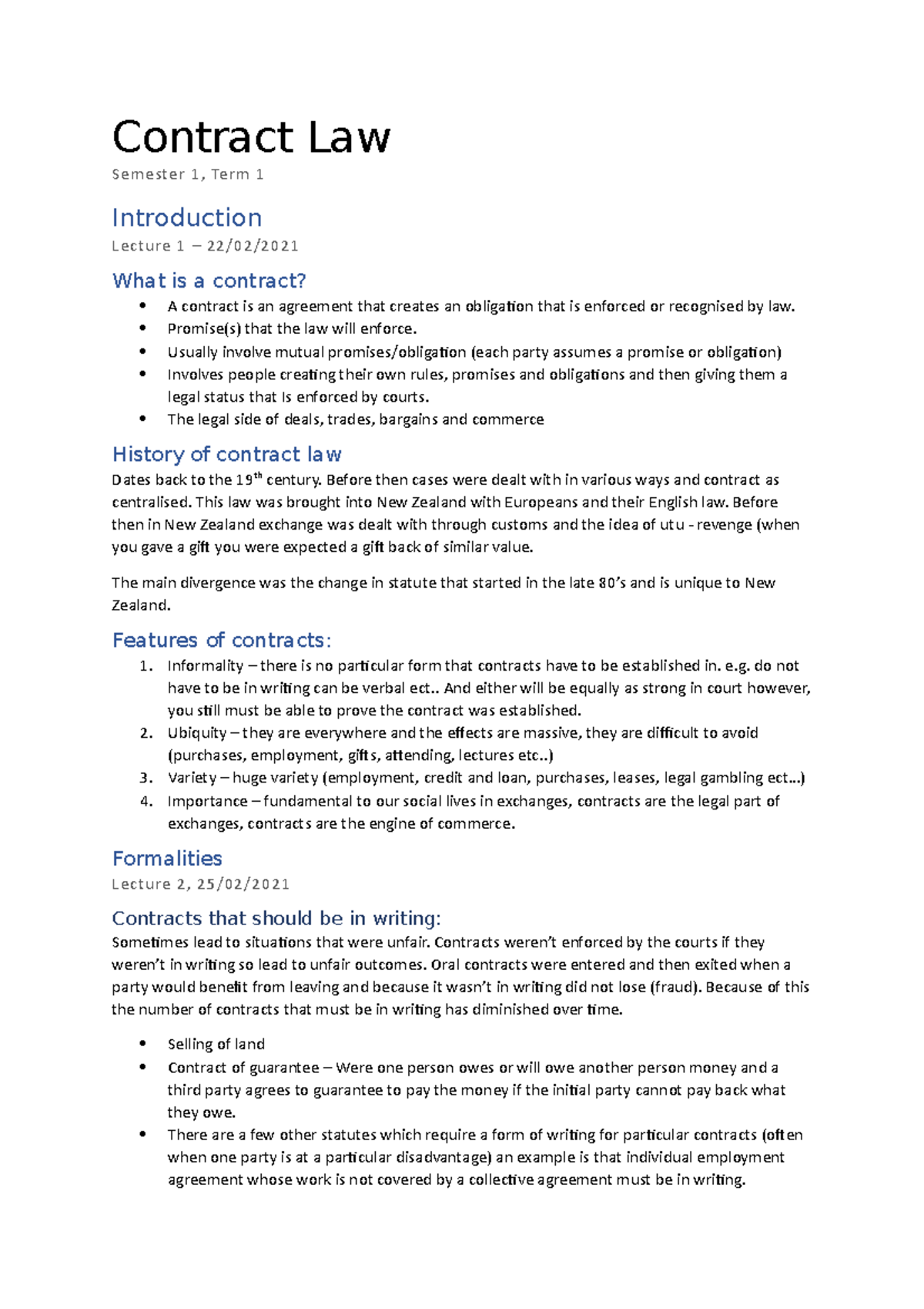 Contract Law Lecture Notes 2021 - The Law of Contract - UCNZ - Studocu