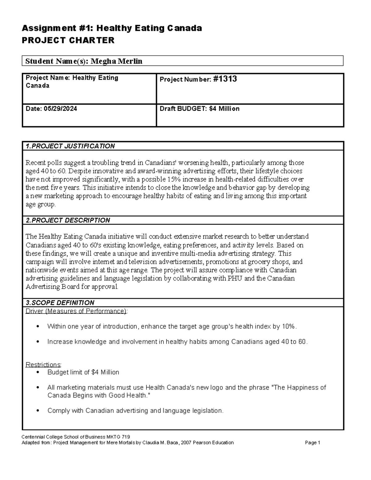 Project Management Charter 1 - Assignment #1: Healthy Eating Canada ...
