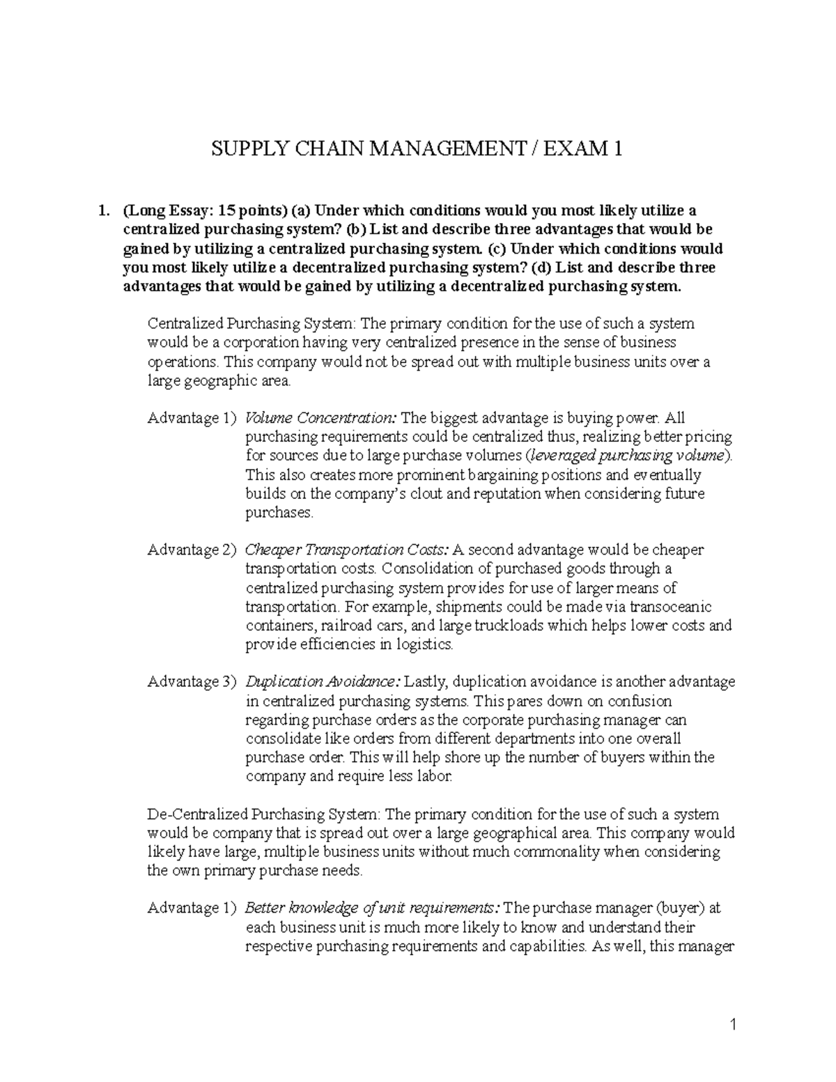 Supply Chain Management-Exam 1 - SUPPLY CHAIN MANAGEMENT / EXAM 1 (Long ...