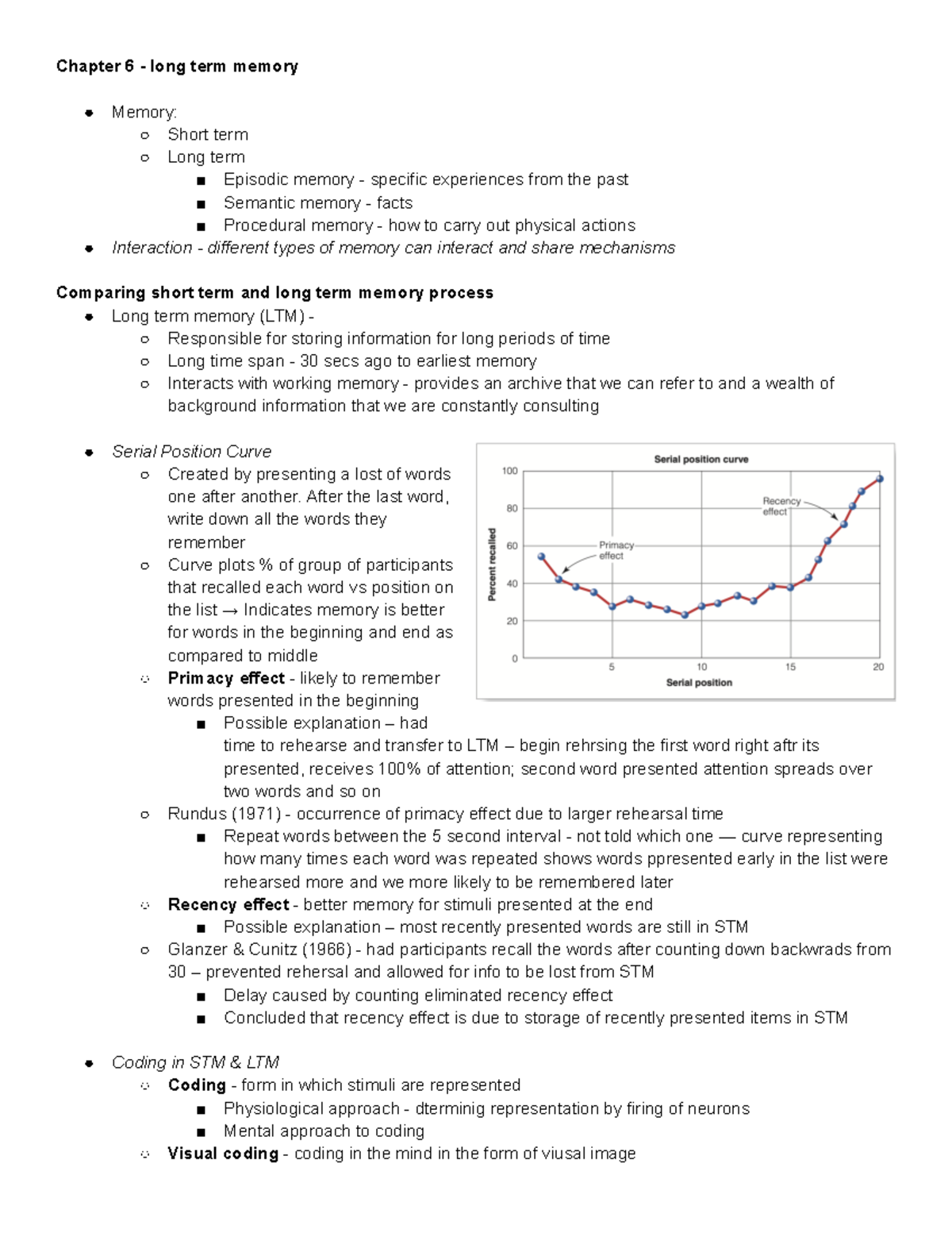 EXAM 2 Notes - Chapter 6 - long term memory Memory: Short term Long ...