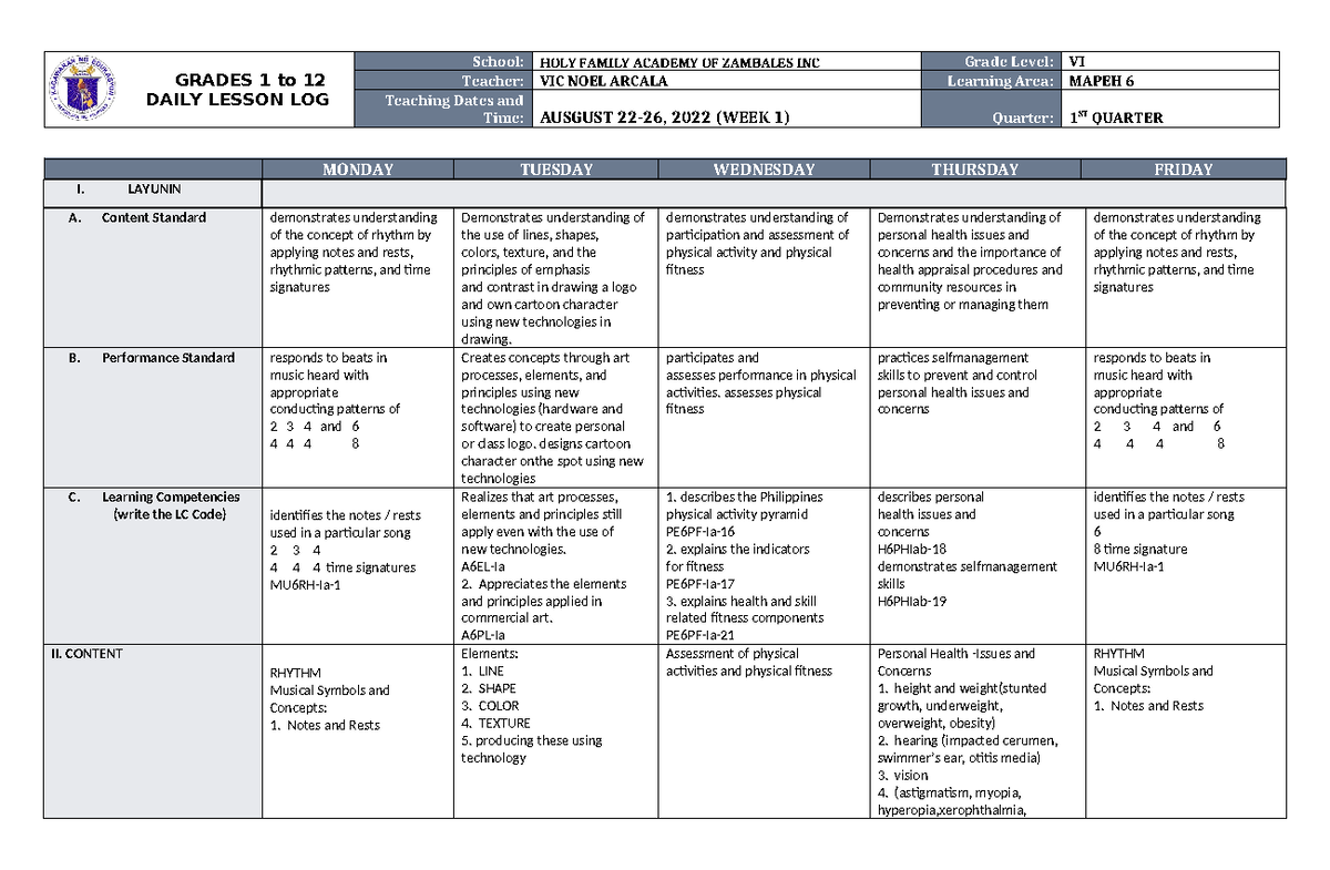 DLL Mapeh 6 Q1 W1 - GRADES 1 to 12 DAILY LESSON LOG School: HOLY FAMILY ...