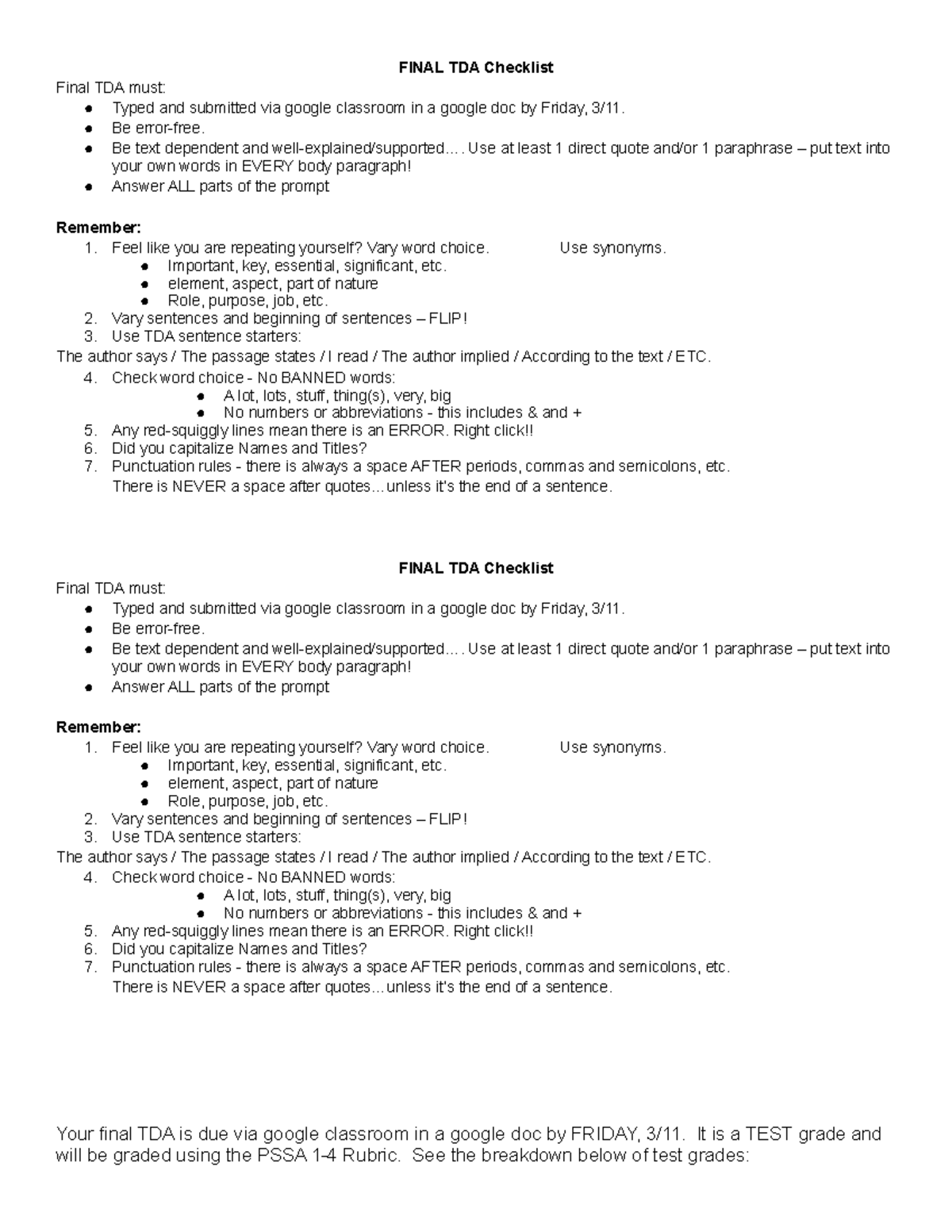 Final TDA Checklist Honors English help with tdas FINAL TDA