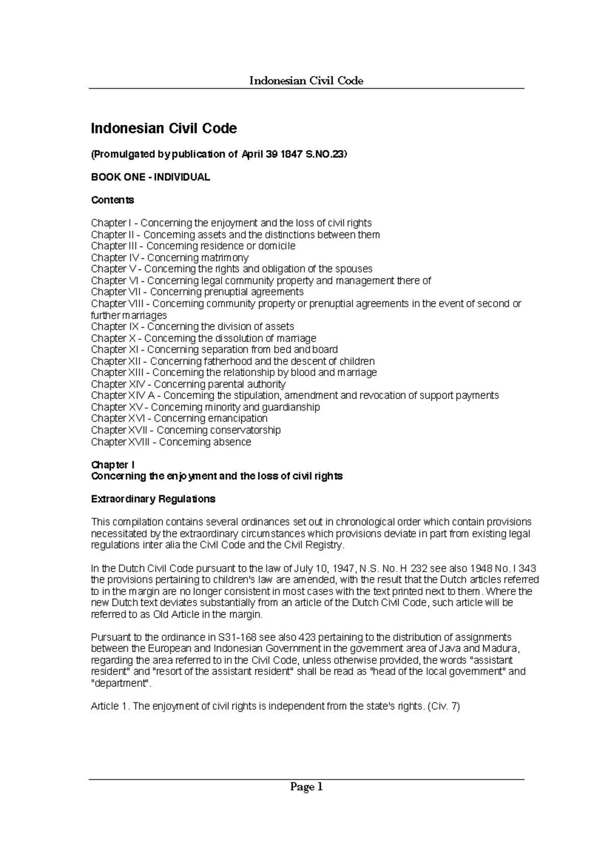 Indonesia Civil Code - NO) BOOK ONE INDIVIDUAL Contents Chapter I ...