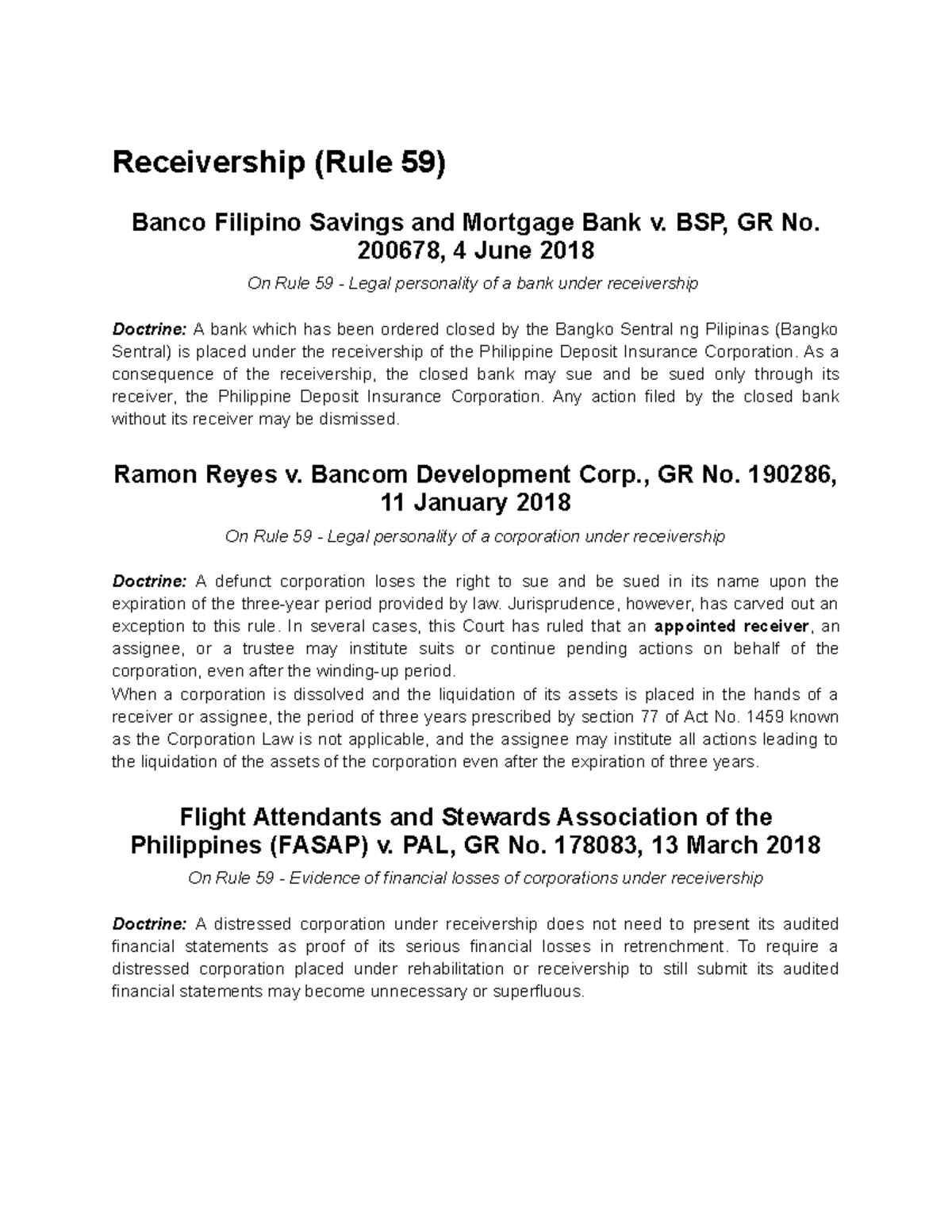 Remedial Law Review case doctrines helol Receivership (Rule 59) Banco