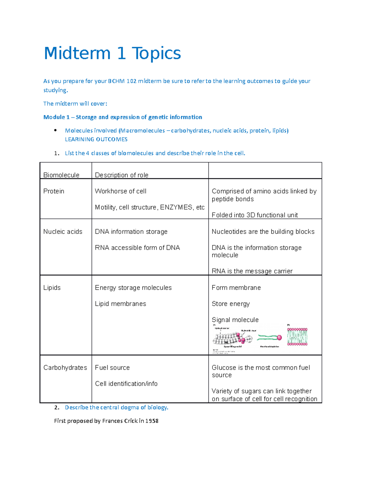 Midterm Review1 - Midterm 1 Topics As You Prepare For Your BCHM 102 ...