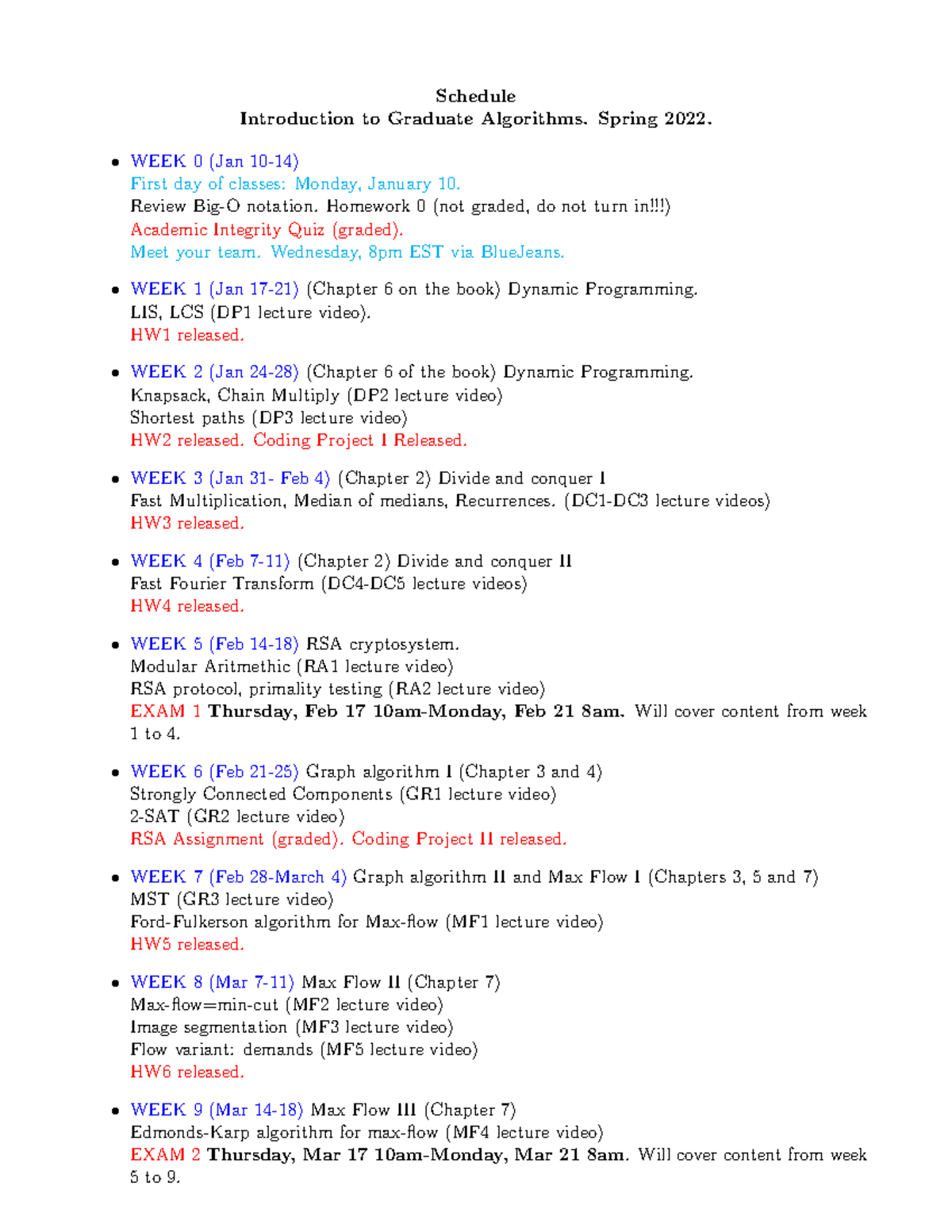 Schedule for 2022 Spring - Schedule Introduction to Graduate Algorithms ...