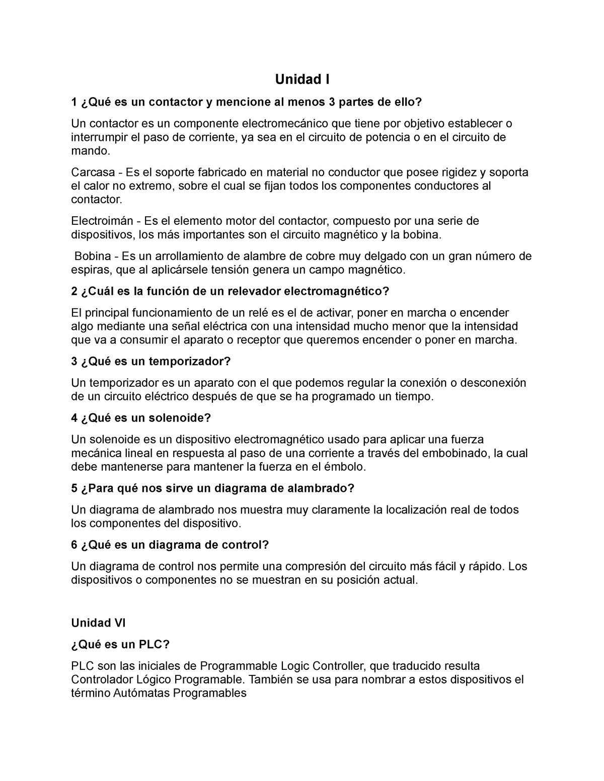 Unidad L Y 2 De Controles Electricos Unidad L 1 ¿qué Es Un Contactor Y Mencione Al Menos 3