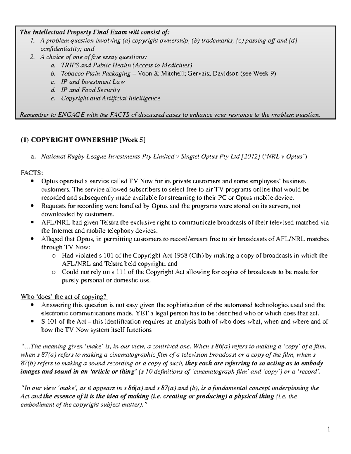 IP EXAM Notes - Summary Intellectual Property - (1) COPYRIGHT OWNERSHIP ...