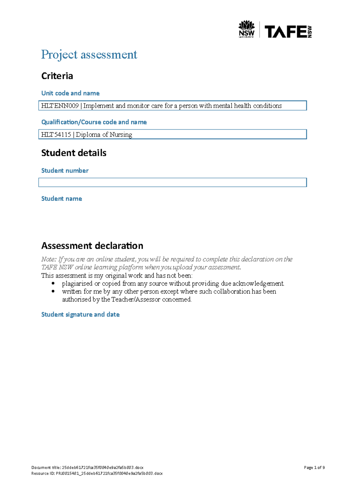 Hltenn 009 AE Pro2of3 - Project Assessment Criteria Unit Code And Name ...