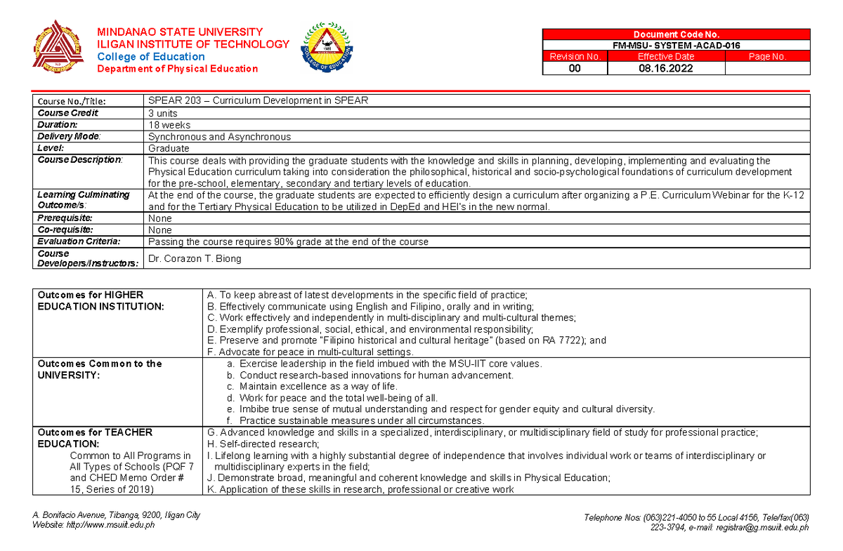 2022 Spear 203 Syllabus Curriculum Development assigned reportings ...