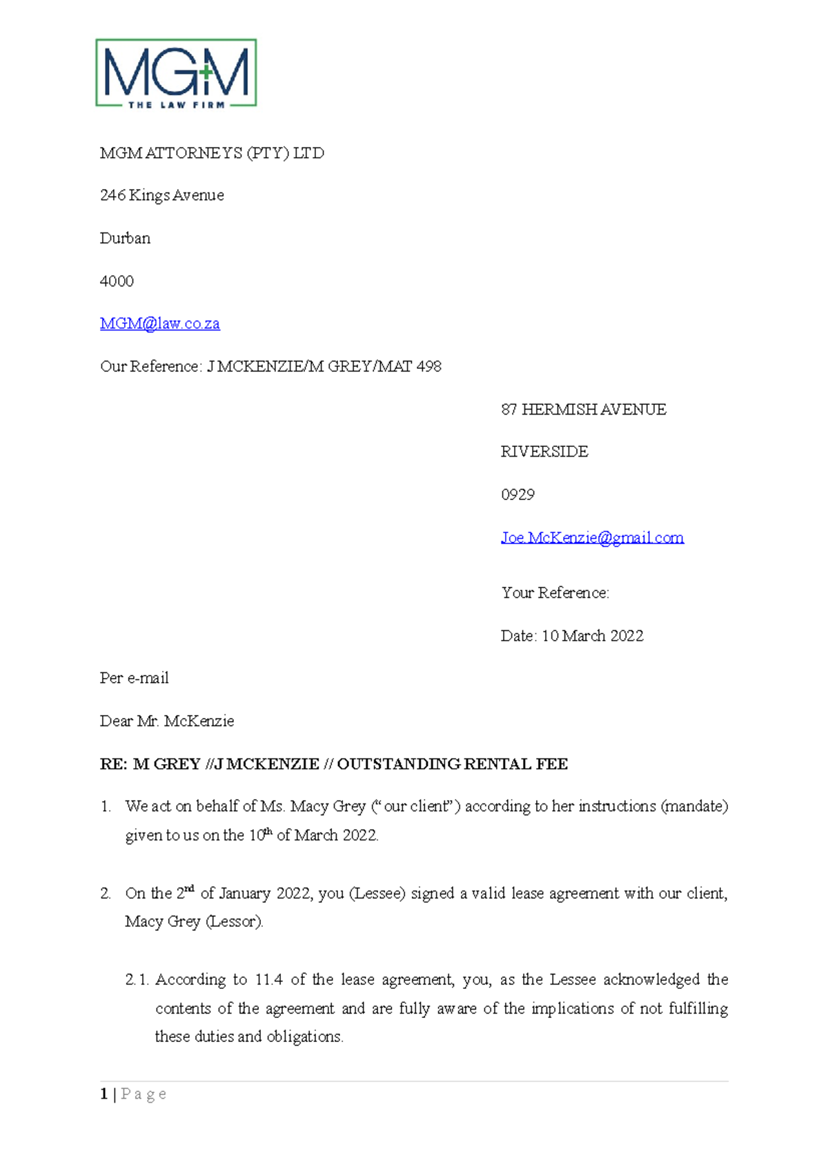 Legal Drafting Assignment- Letter of Deman - MGM ATTORNEYS (PTY) LTD ...