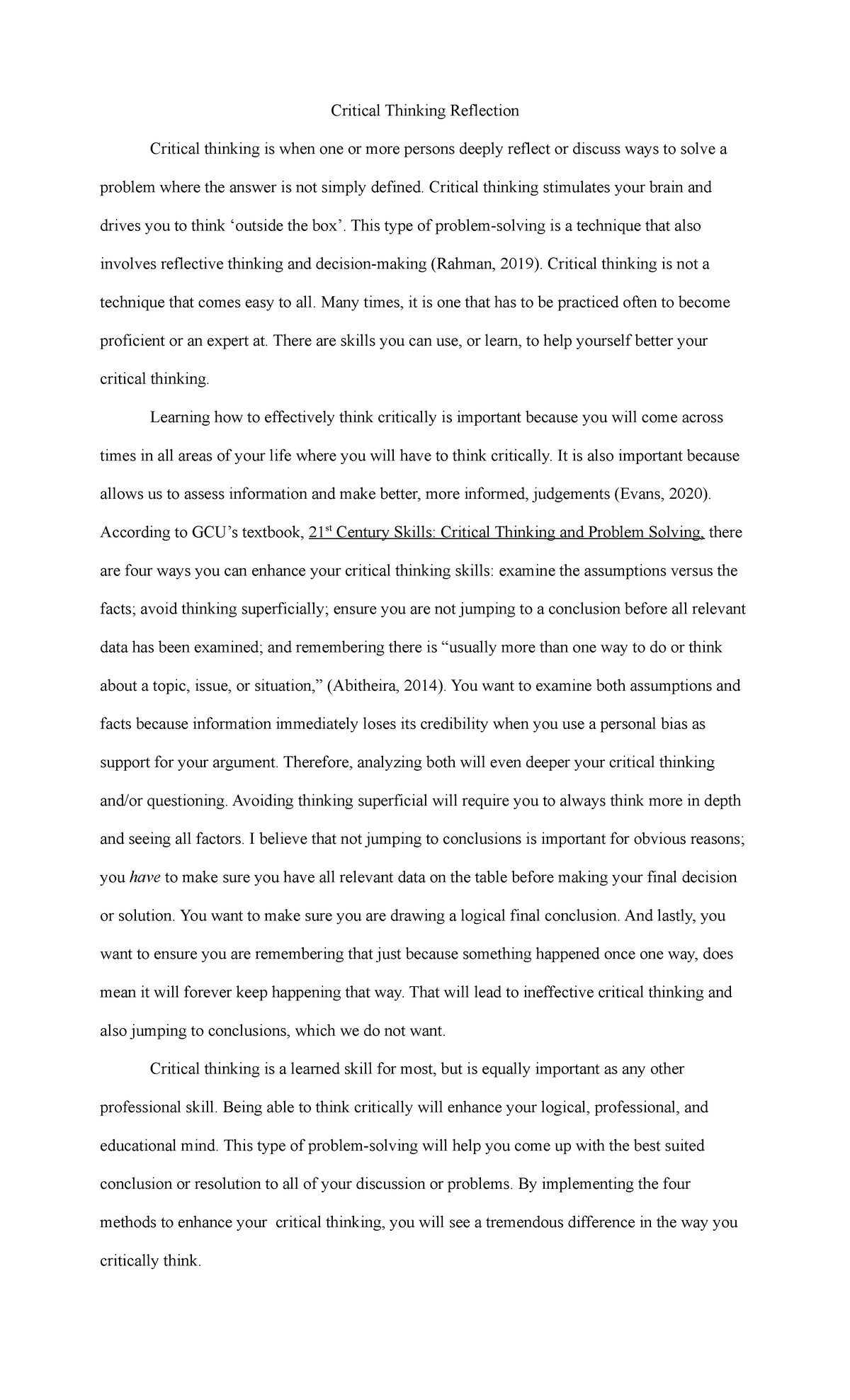 Critical Thinking Reflection Critical Thinking Reflection Critical