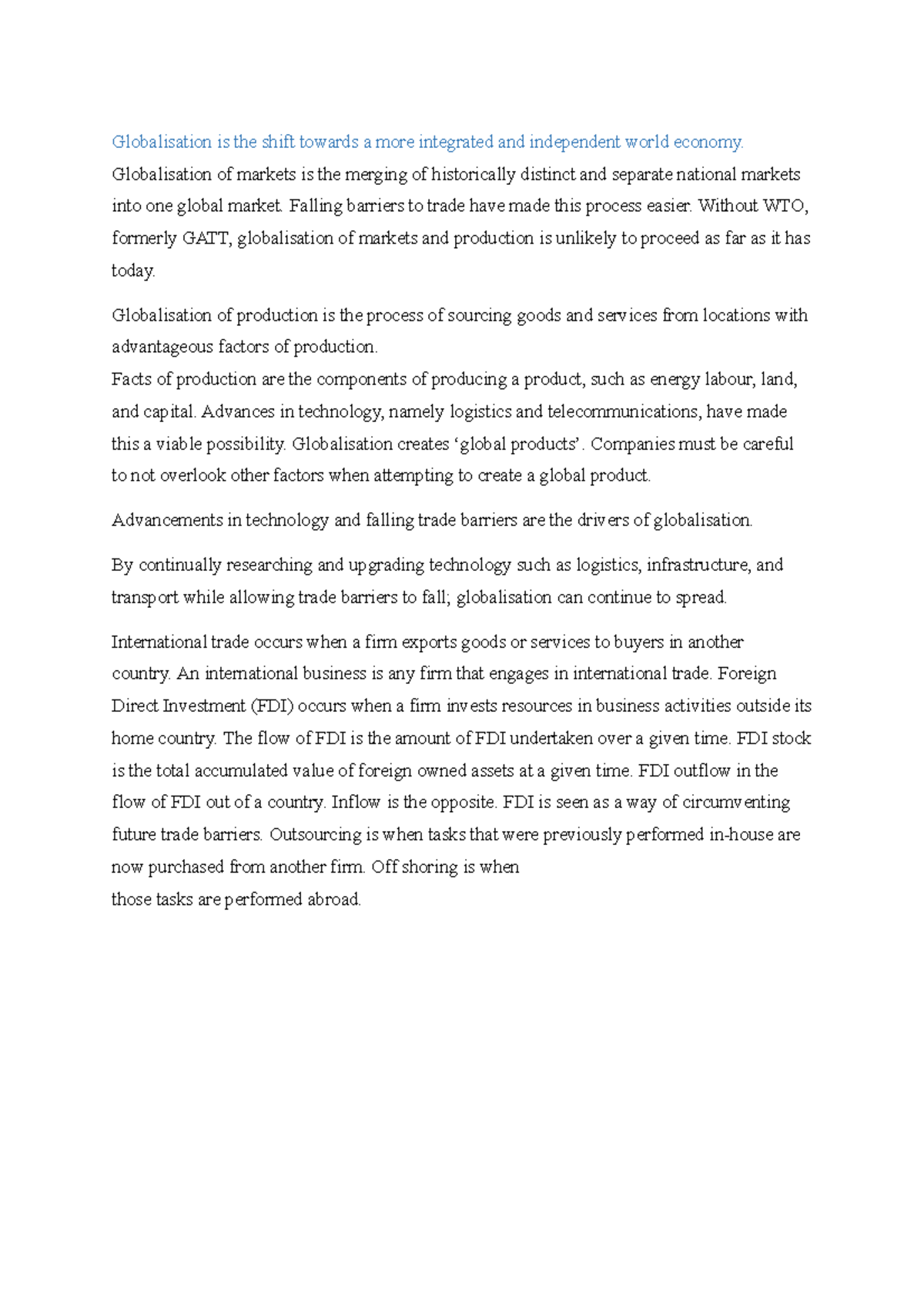 Lecture notes, lectures 1-12 - Globalisation is the shift towards a ...
