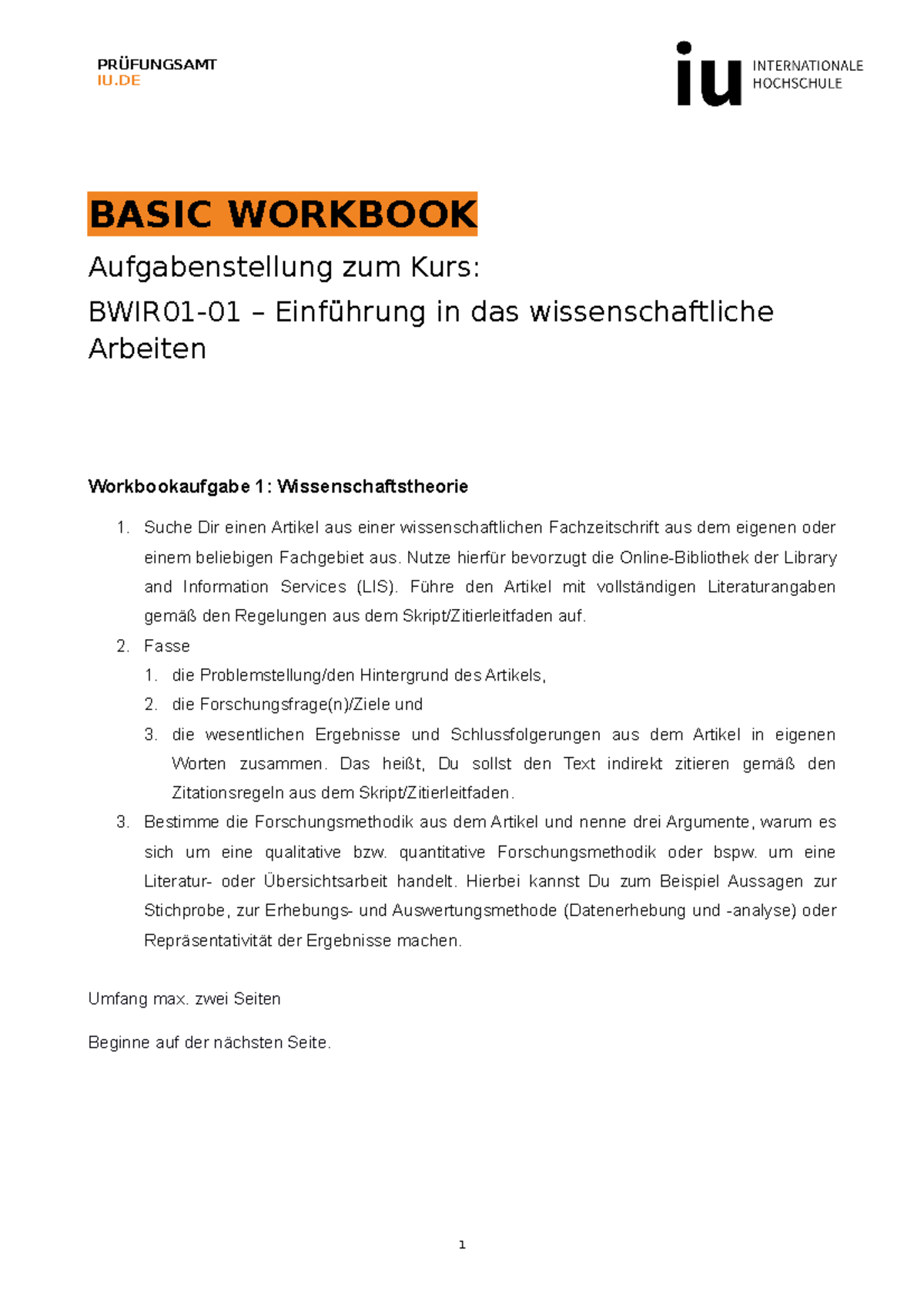 Workbook Einführung in das wissenschaftliche Arbeiten - BASIC WORKBOOK