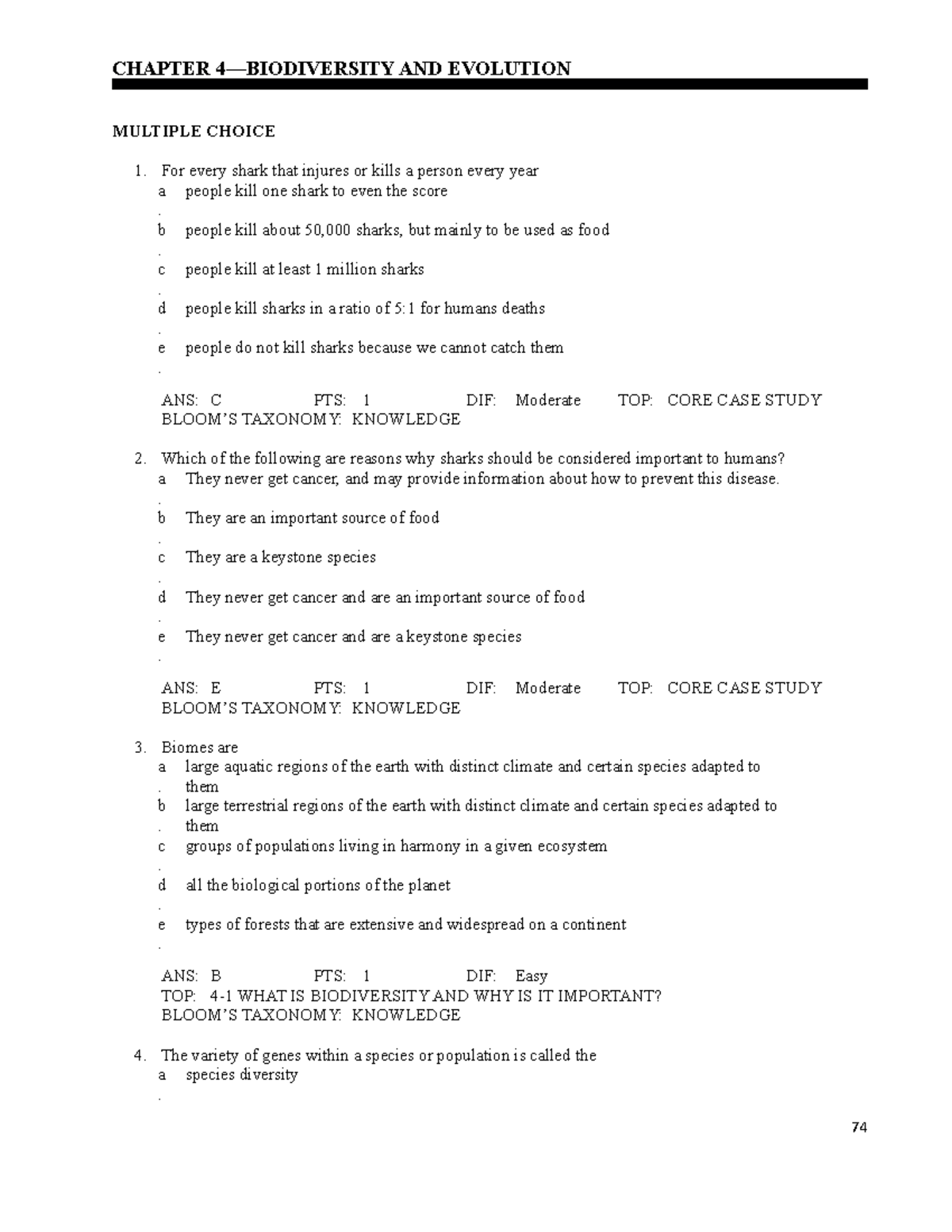 Chap 04 Test Bank Environmental Science Chapter 4—biodiversity And Evolution Multiple Choice