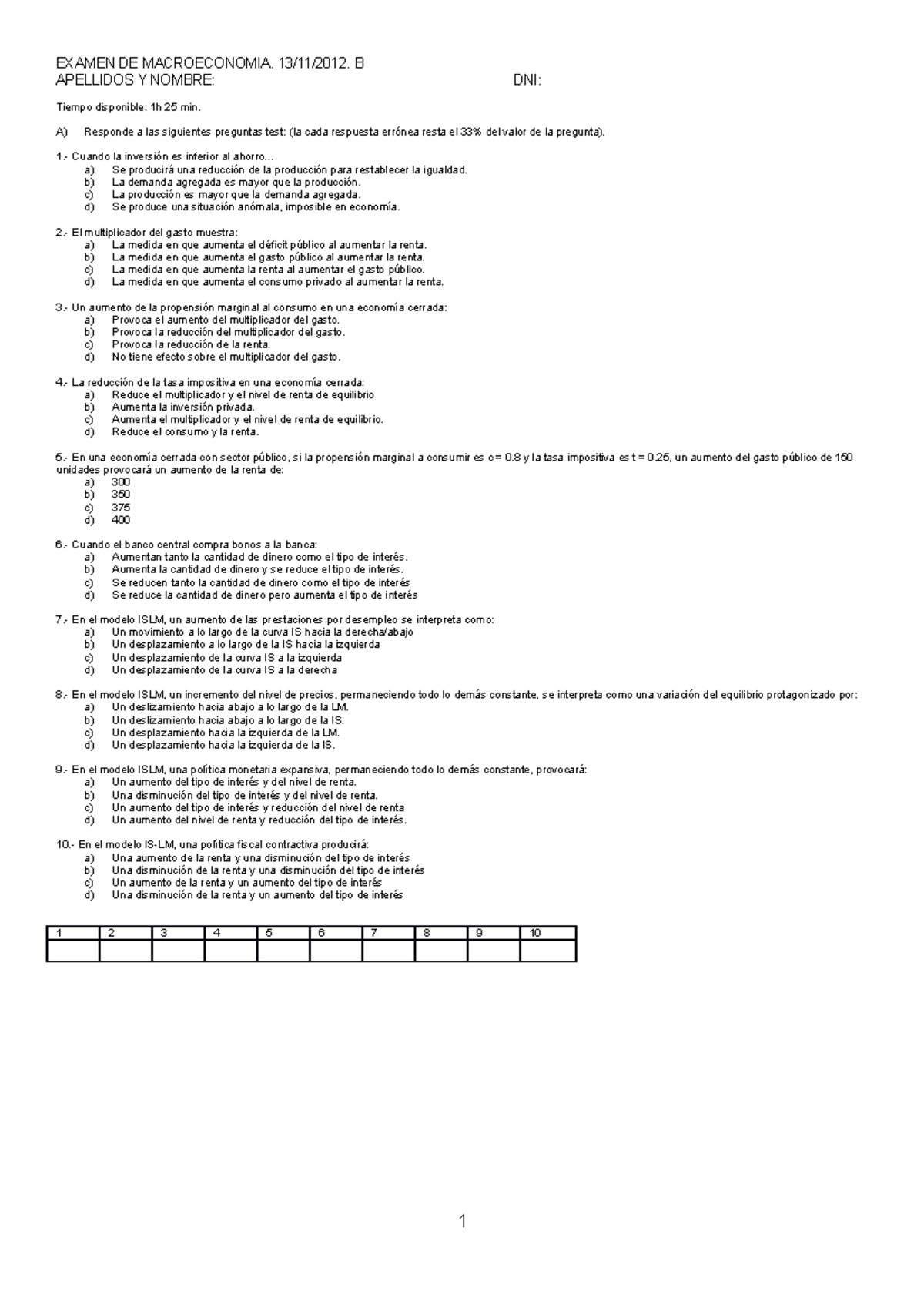 Examen DE Macroeconomia 13-11-12 B - EXAMEN DE MACROECONOMIA. 13/11 ...