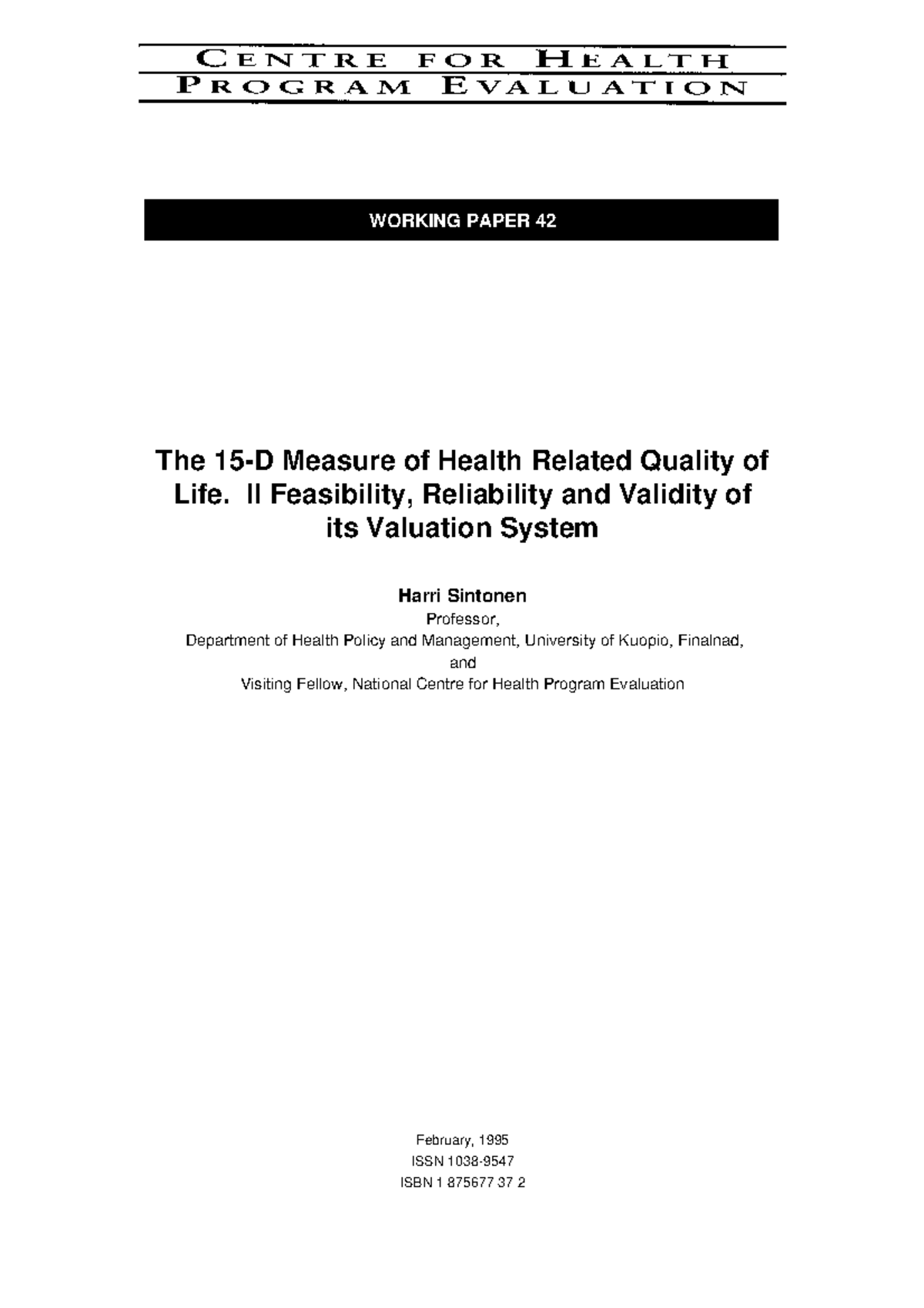 Wp42 - WORKING PAPER 42 The 15-D Measure of Health Related Quality of ...